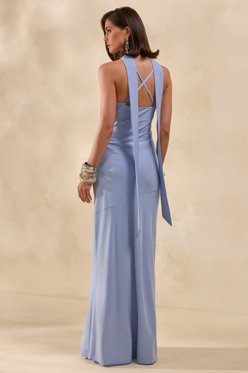 light blue satin bridesmaid dress Anarelle Powder Blue Satin Cowl-Neck Maxi Dress – Club L London