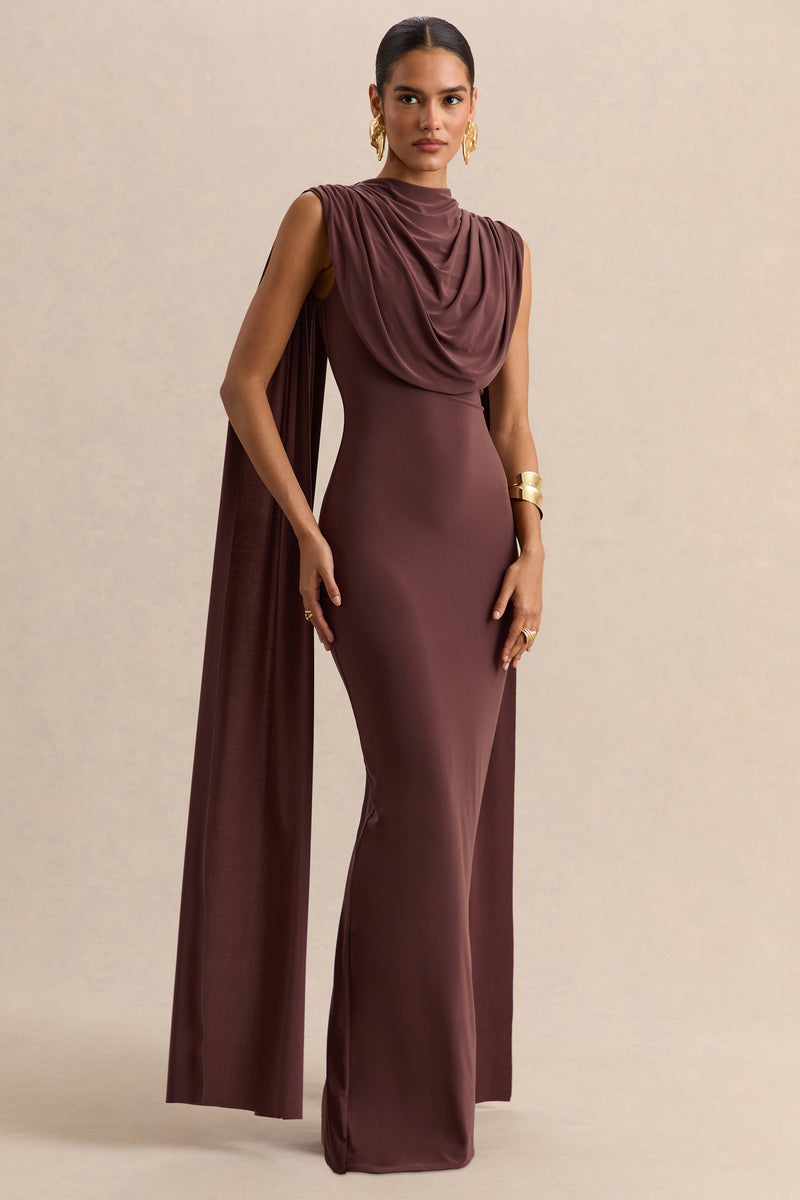 Patrina | Brown High-Neck Maxi Dress With Draped-Detailing And Cape-Sleeves Patrina | Brown High-Neck Maxi Dress With Draped-Detailing And Cape-Sleeves