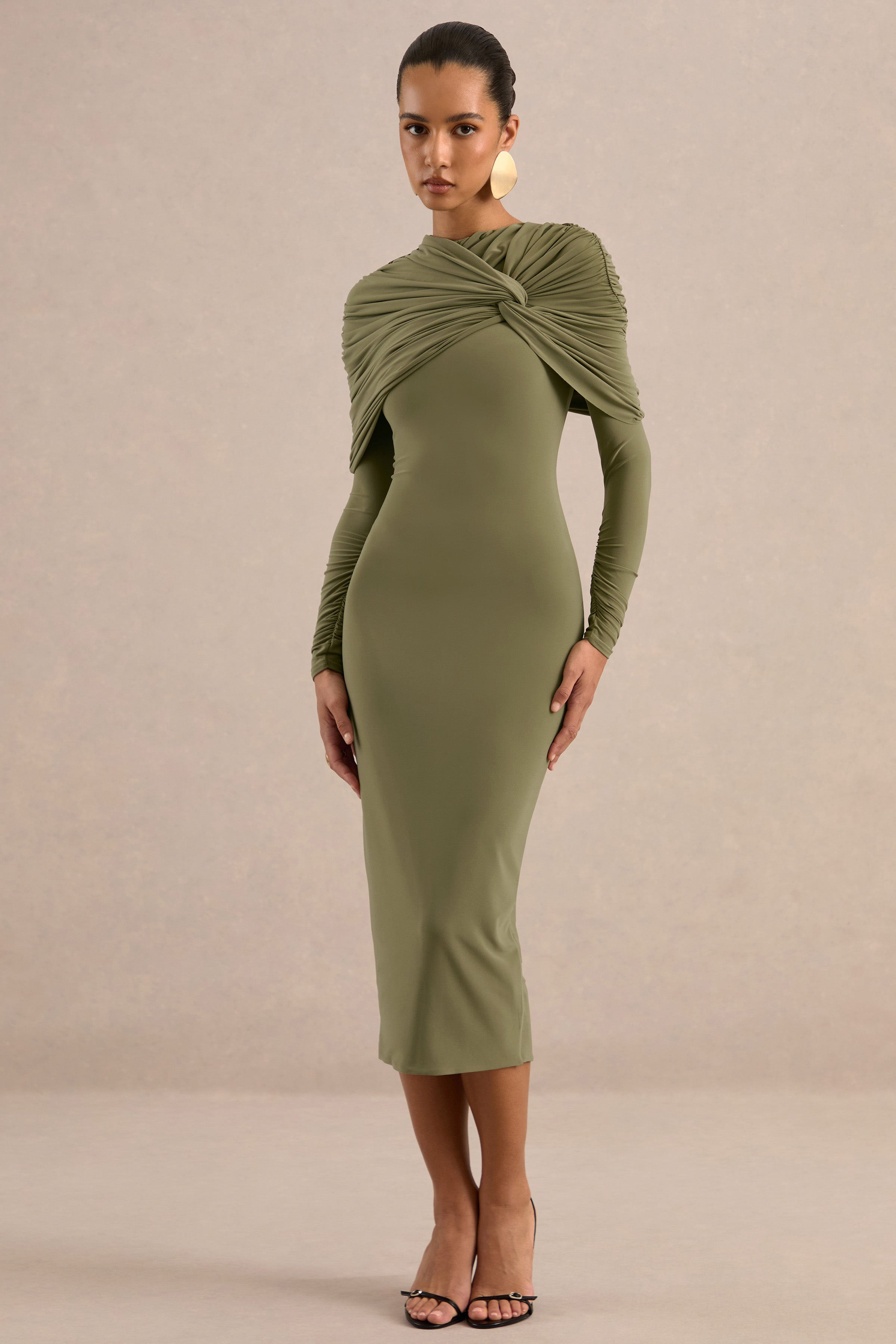 long sleeve olive green midi dress Delaria | Jersey Round Neck Twisted With – Club L London meta game day