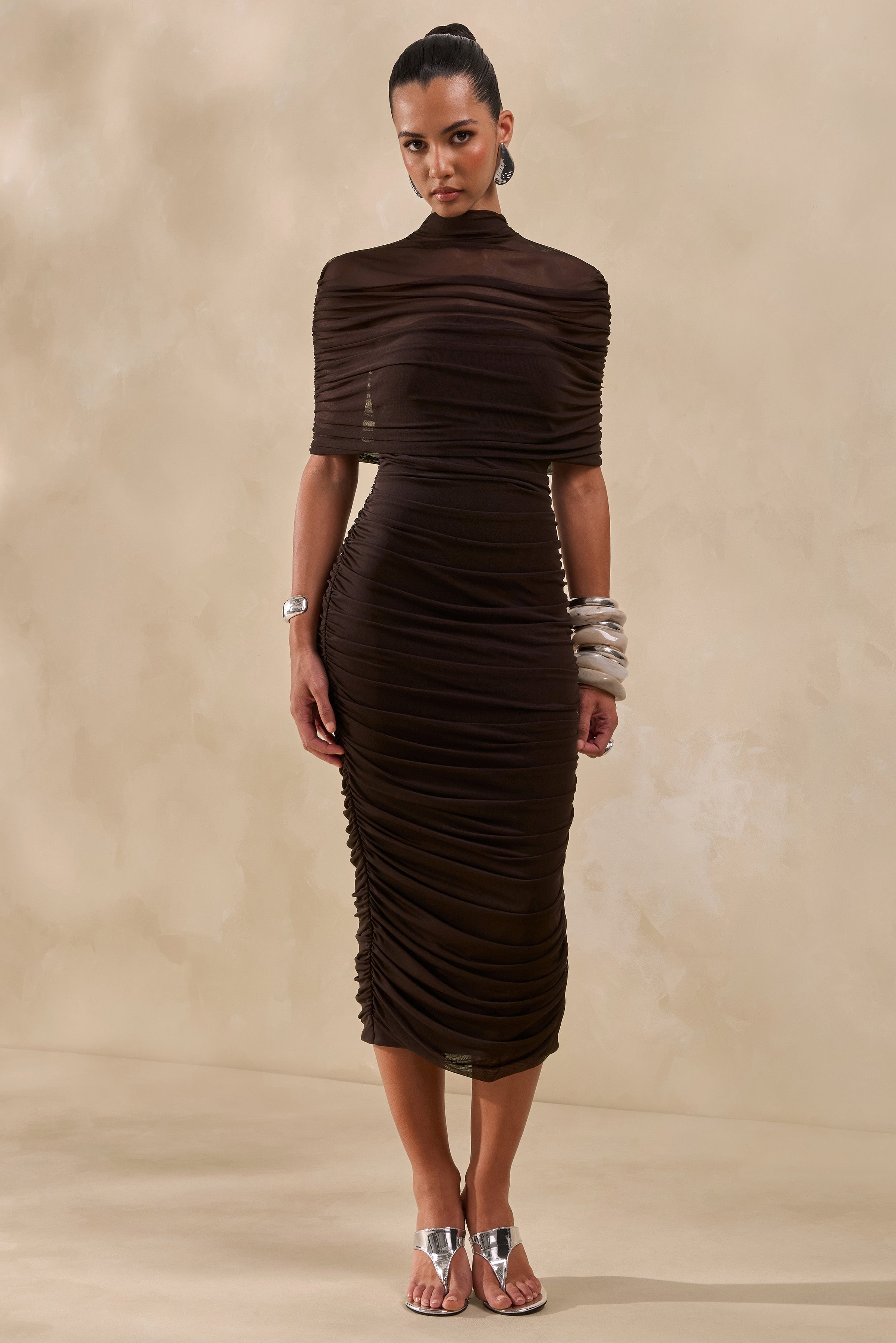 brown dress mesh Astrae | High-Neck Midi With Short Mesh-Cape ASOS DESIGN bridesmaids halter Loop ShopNow pair with statement earrings Size:OXL