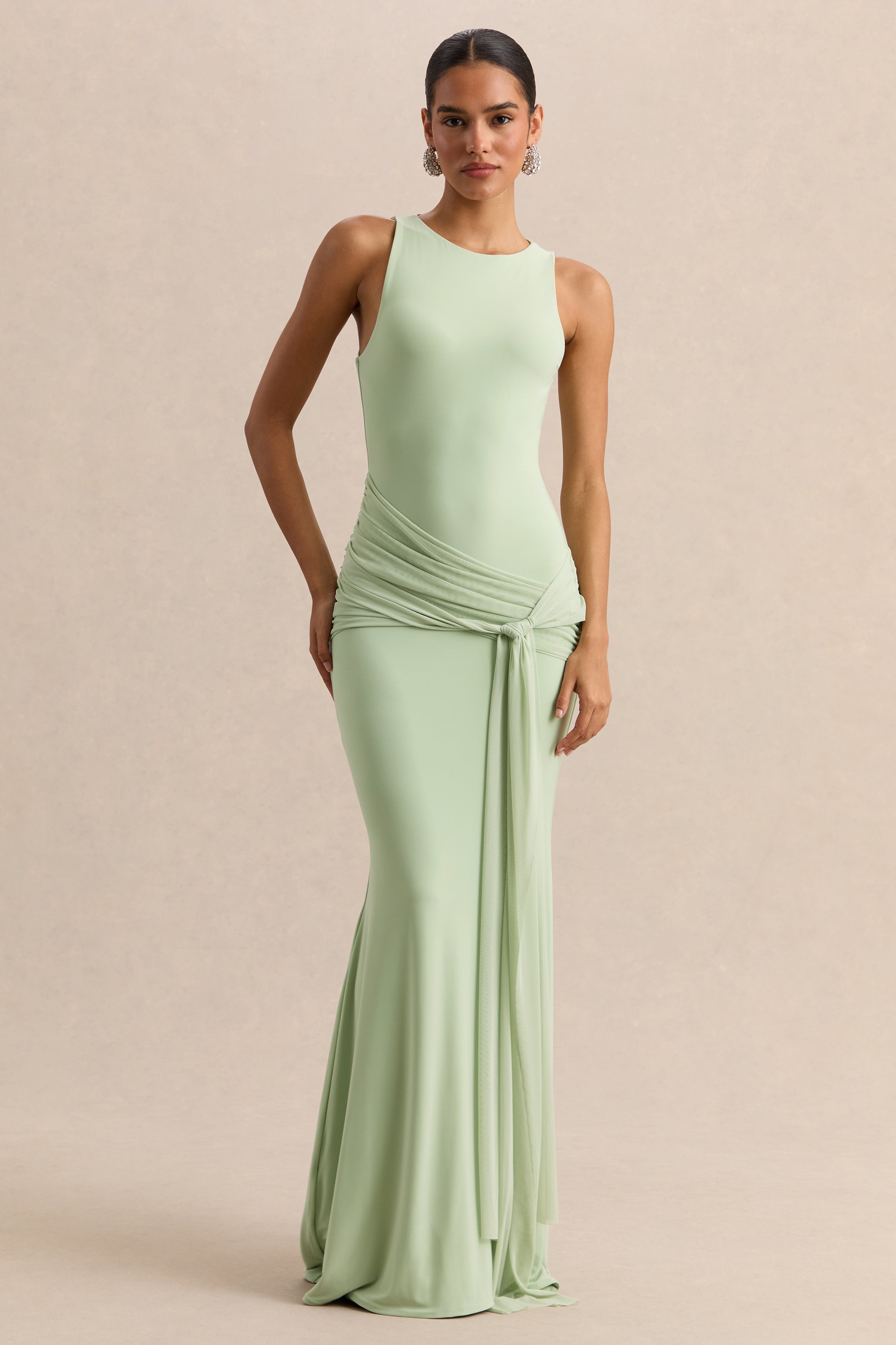 uranie mint green gathered maxi dress Mirene Color:Pink Blue Tie Dye Invisible zip closure Elegant Green Dresses | 2% ELASTANE