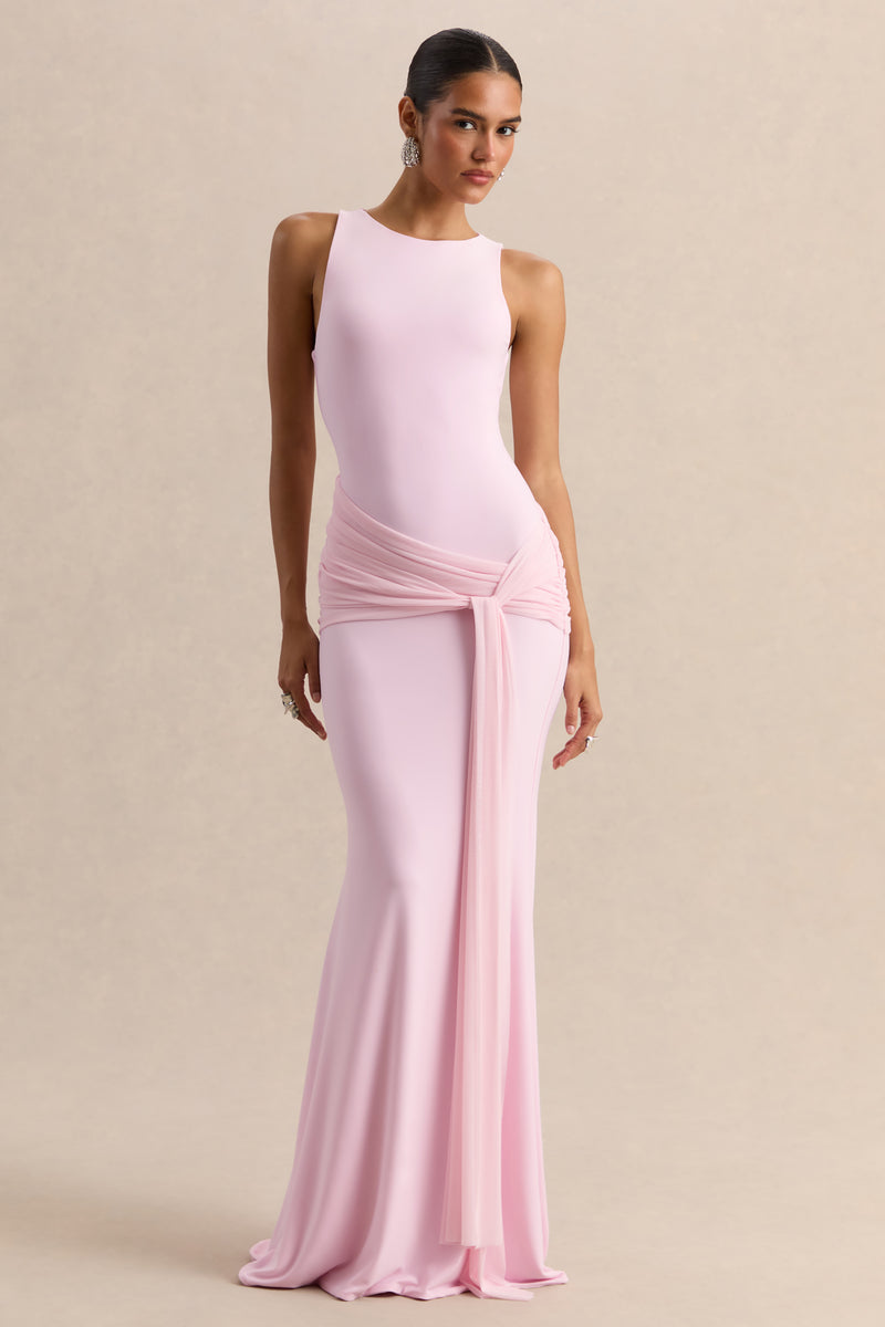 Mirene Light Pink Round-Neck Maxi-Dress With Gathered-Detailing And – Club  L London