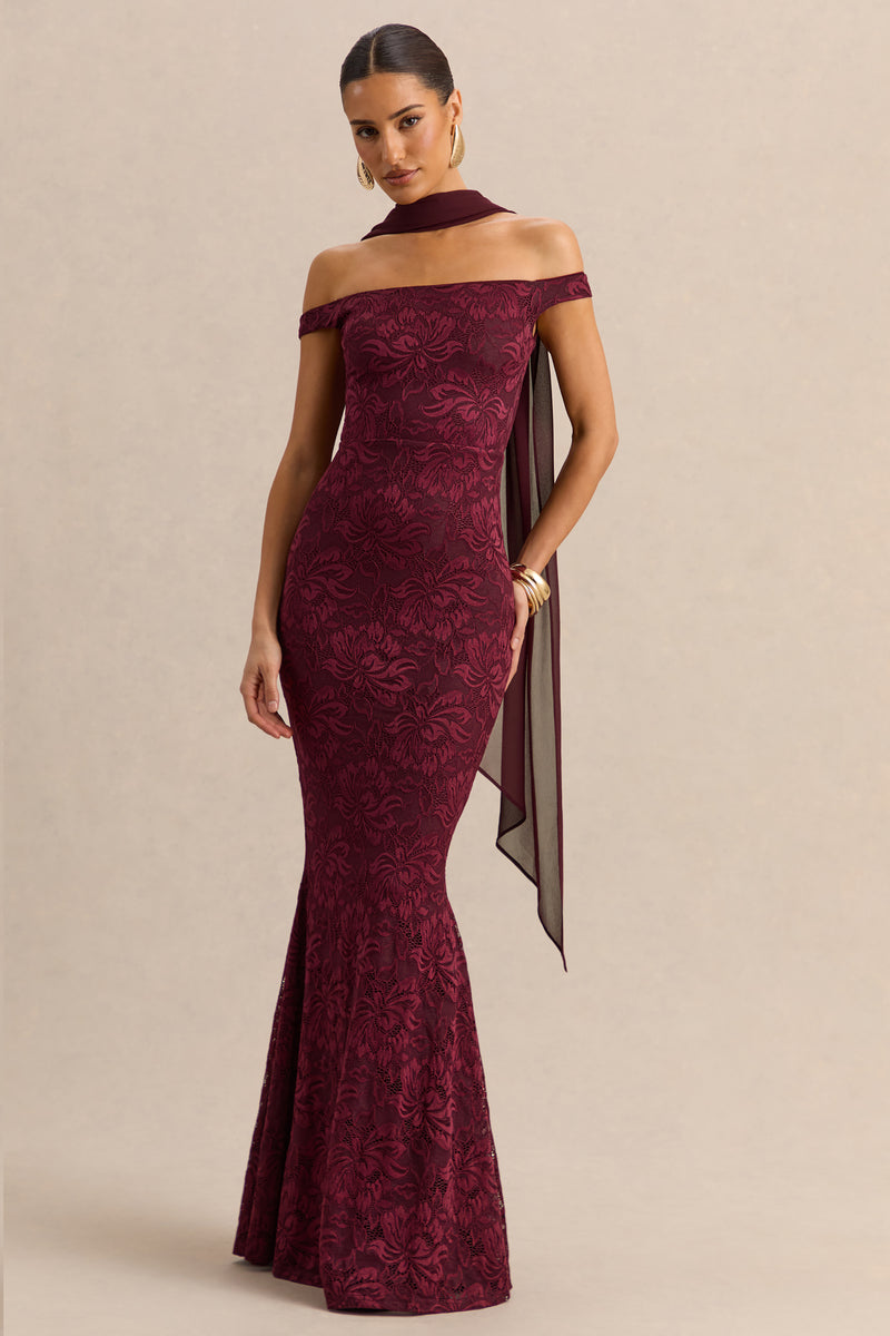 Iselle Burgundy Lace Bardot-Neck Maxi Dress With Scarf-Detail – Club L  London
