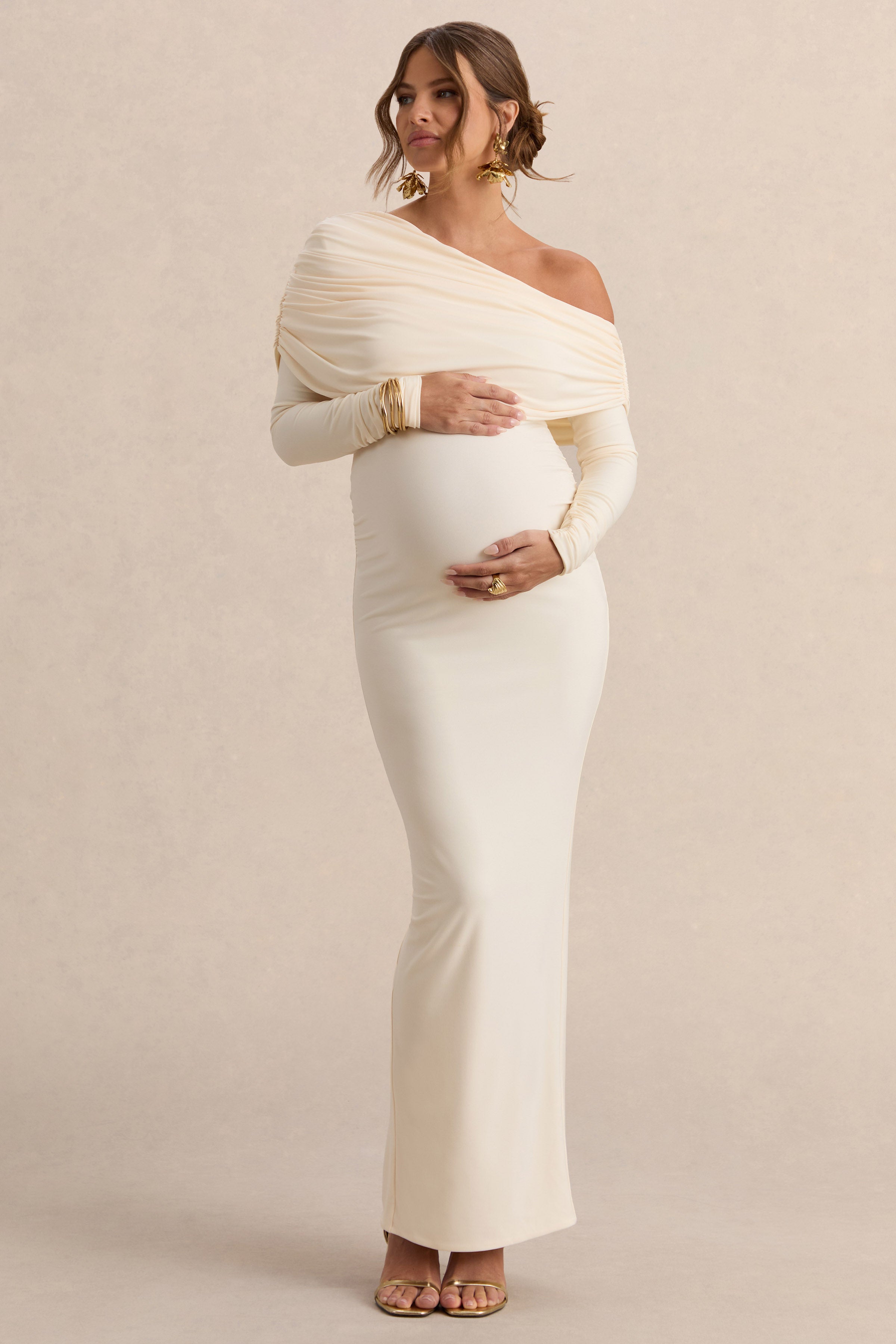long cream maternity dress Carleigh CL138194111 GL-04.22.24 size:M - UK 12-14 Italia Azure Halterneck Sheer