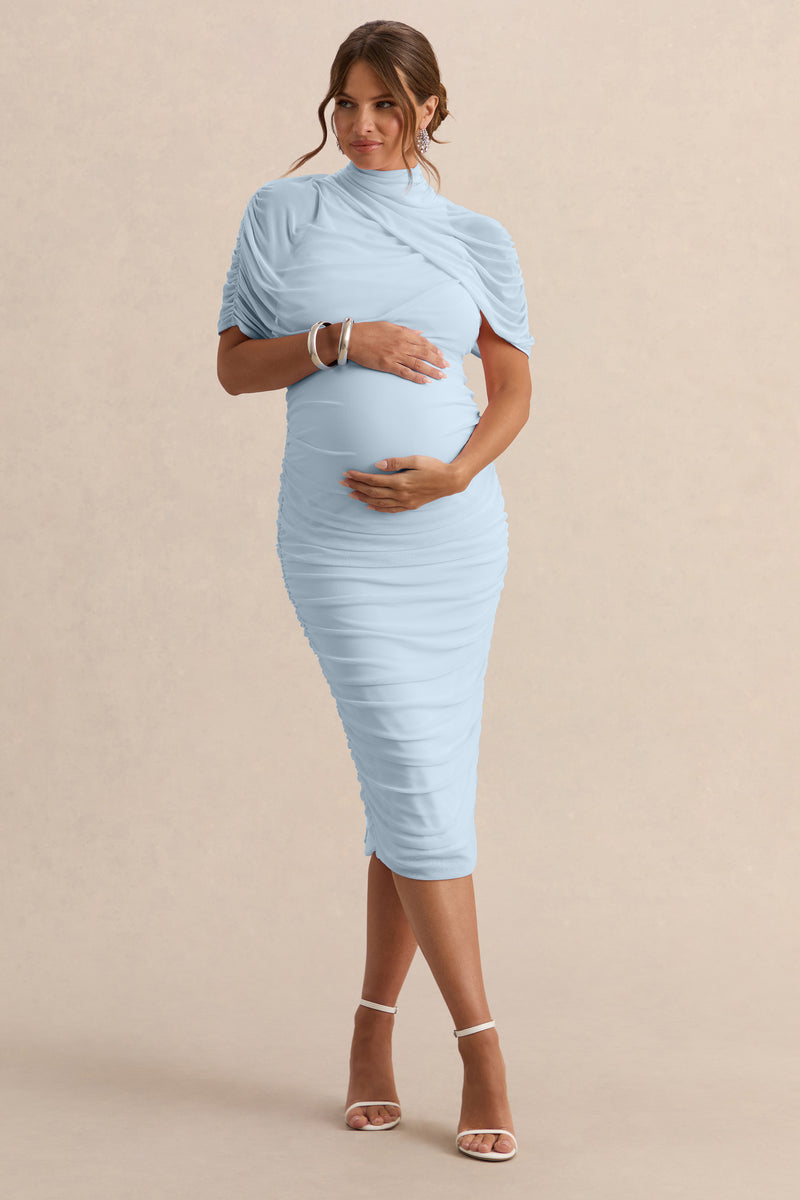 Aderyn Light Blue High-Neck Maternity Midi Dress With Sheer Cape Sle – Club  L London