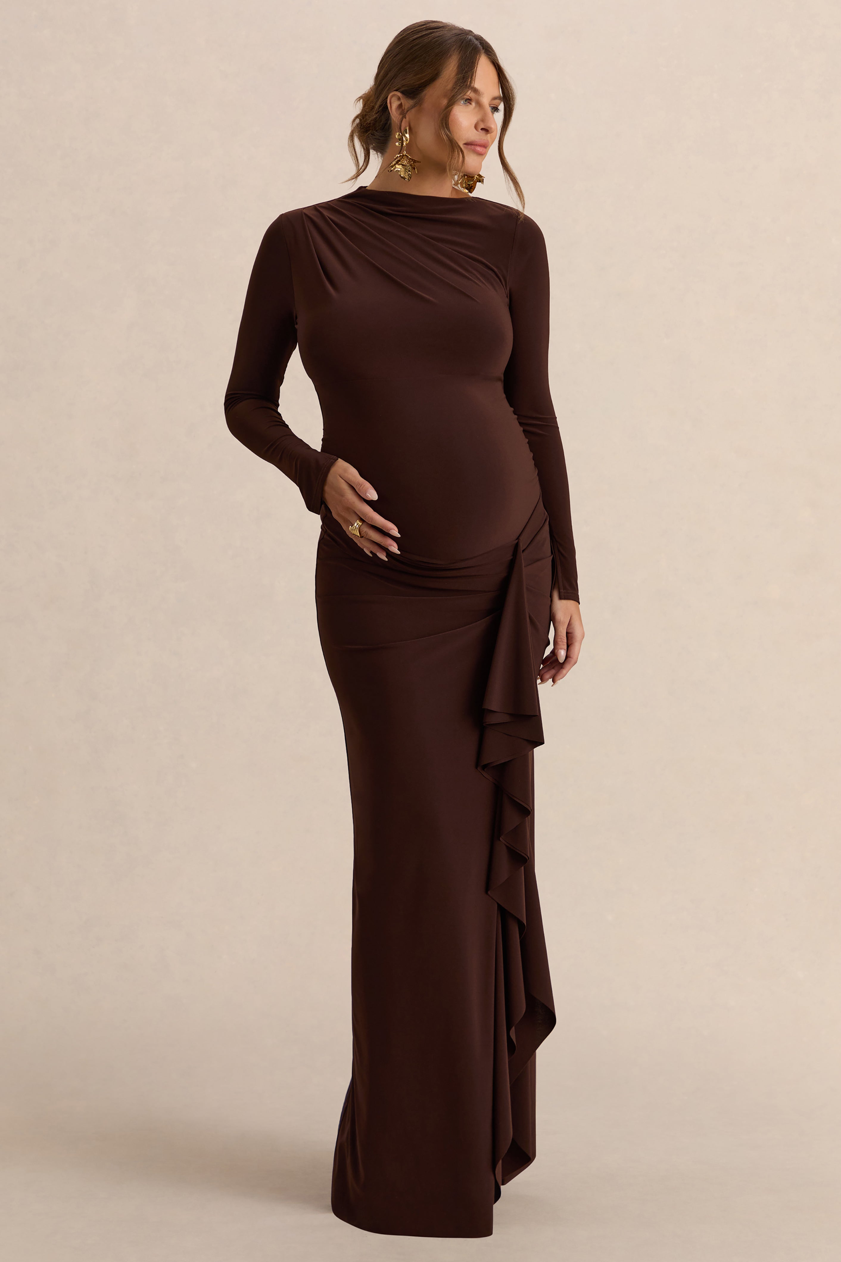 Kamira | Dark Brown Round-Neck Maternity Maxi Dress With Gathered Deta – Club L London