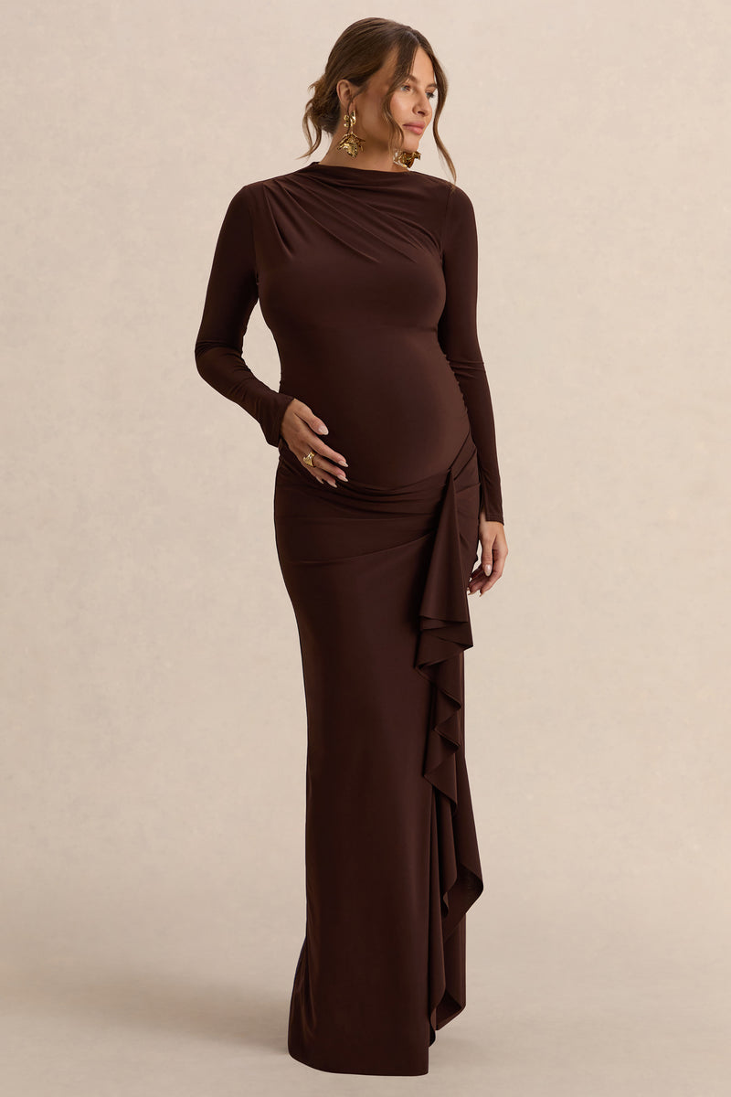 dark brown plus size dress Kamira Dark Brown Round-Neck Maternity Maxi Dress With Gathered Deta – Club  L London