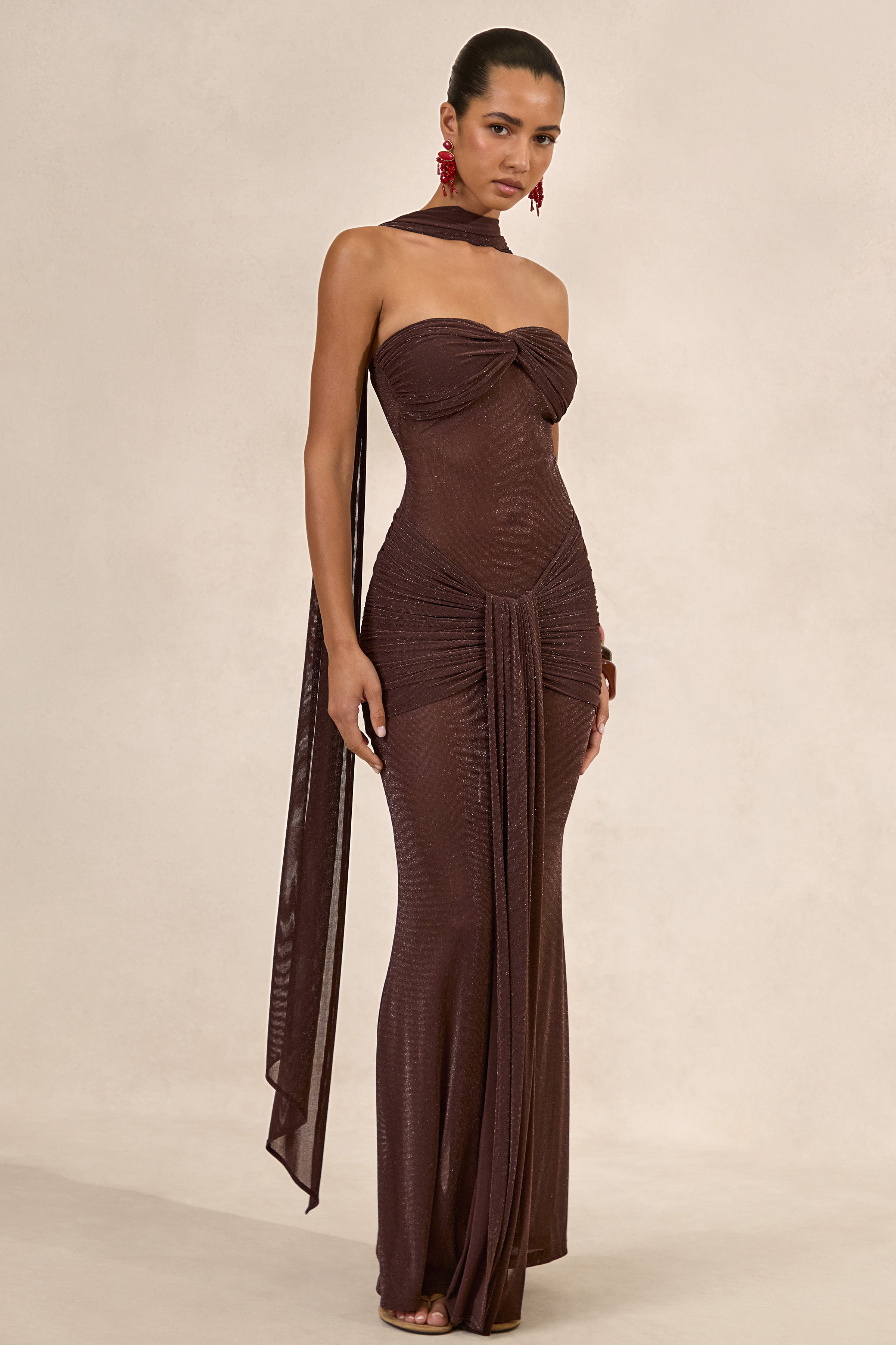 Ursa | Brown Bandeau-Neck Maxi Dress With Scarf Detail And Gathered Detailing