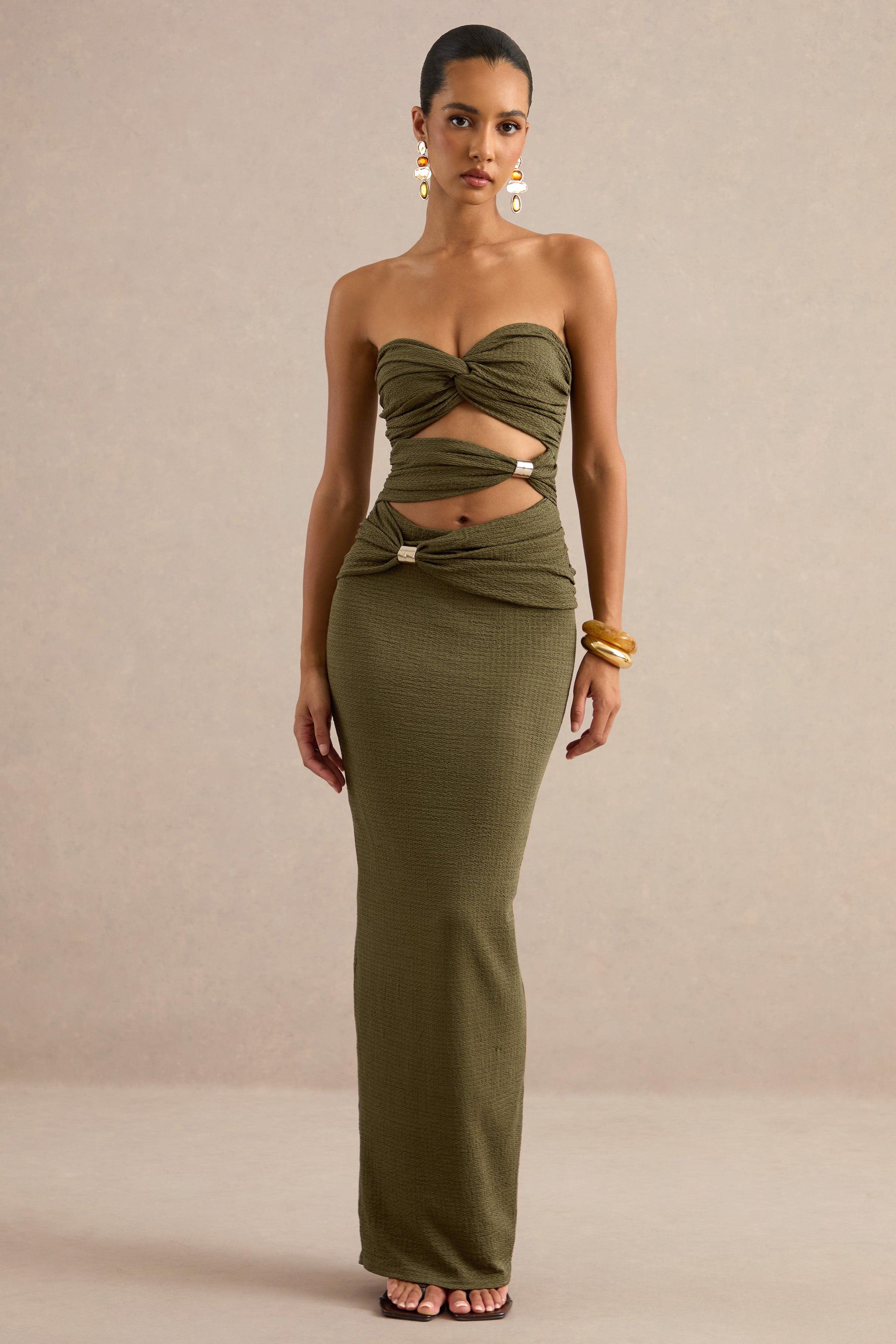 Leontine | Olive Bandeau-Neck Maxi Dress With Body Cut-Outs – Club L London
