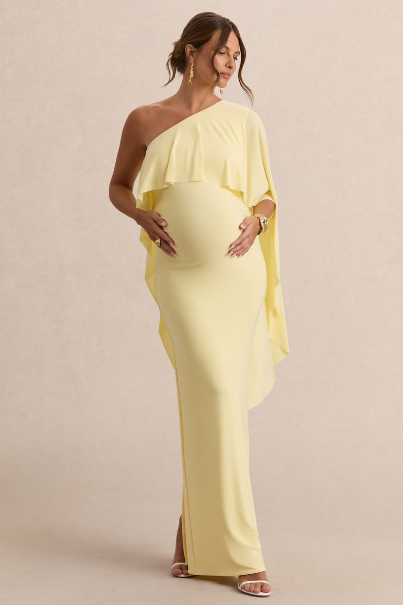yellow maternity dress Cicely | Lemon Asymmetric-Neck Maternity Maxi Dress With Cape Sleeve