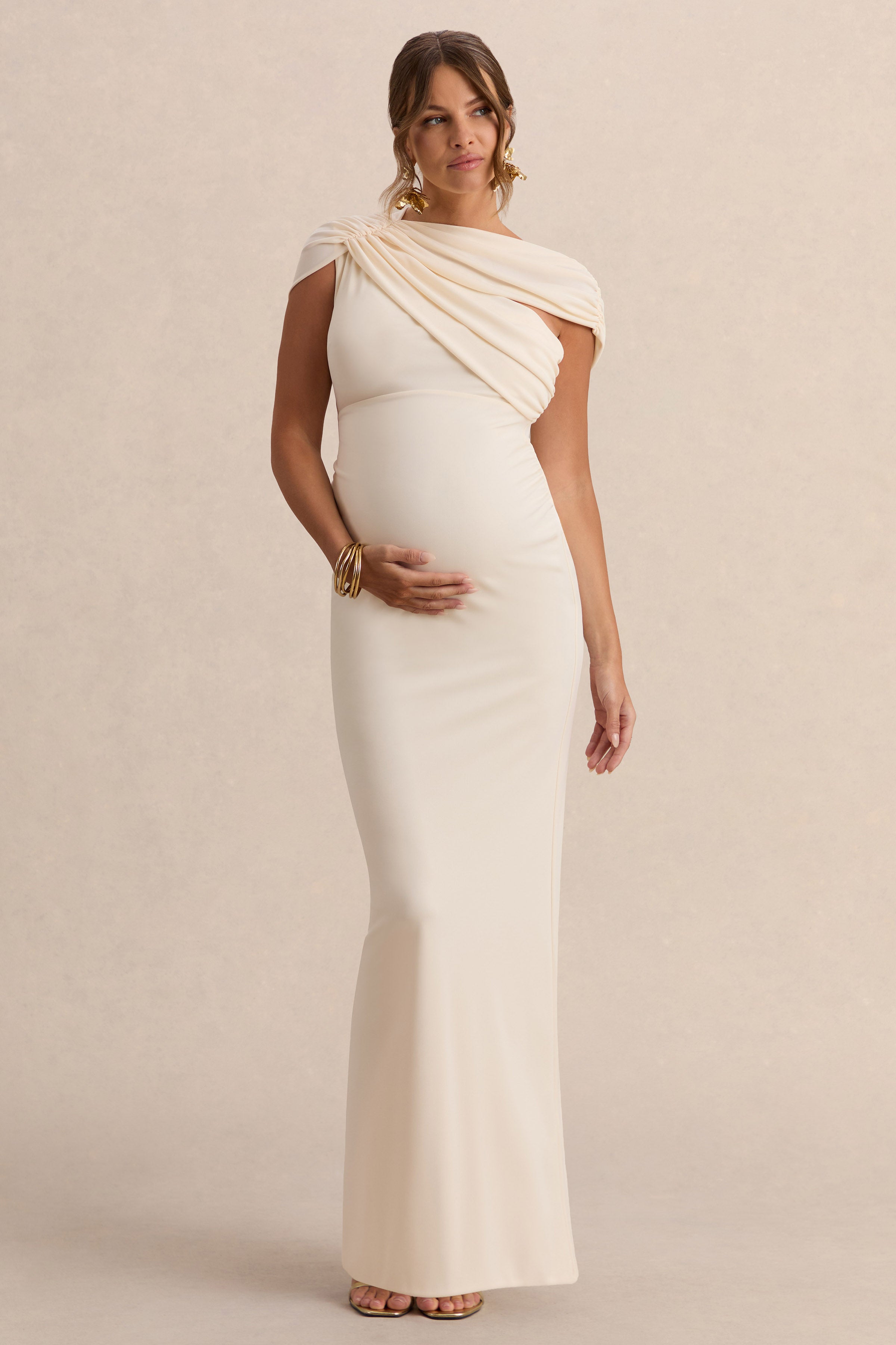 plus size cream maxi dress Eulalia | Asymmetric-Neck Maternity With Cape Detail Bolero Size:Size 6 you can choose the HARD-TAGGED-TW-9.30.25 Luxurious Moroccan White &