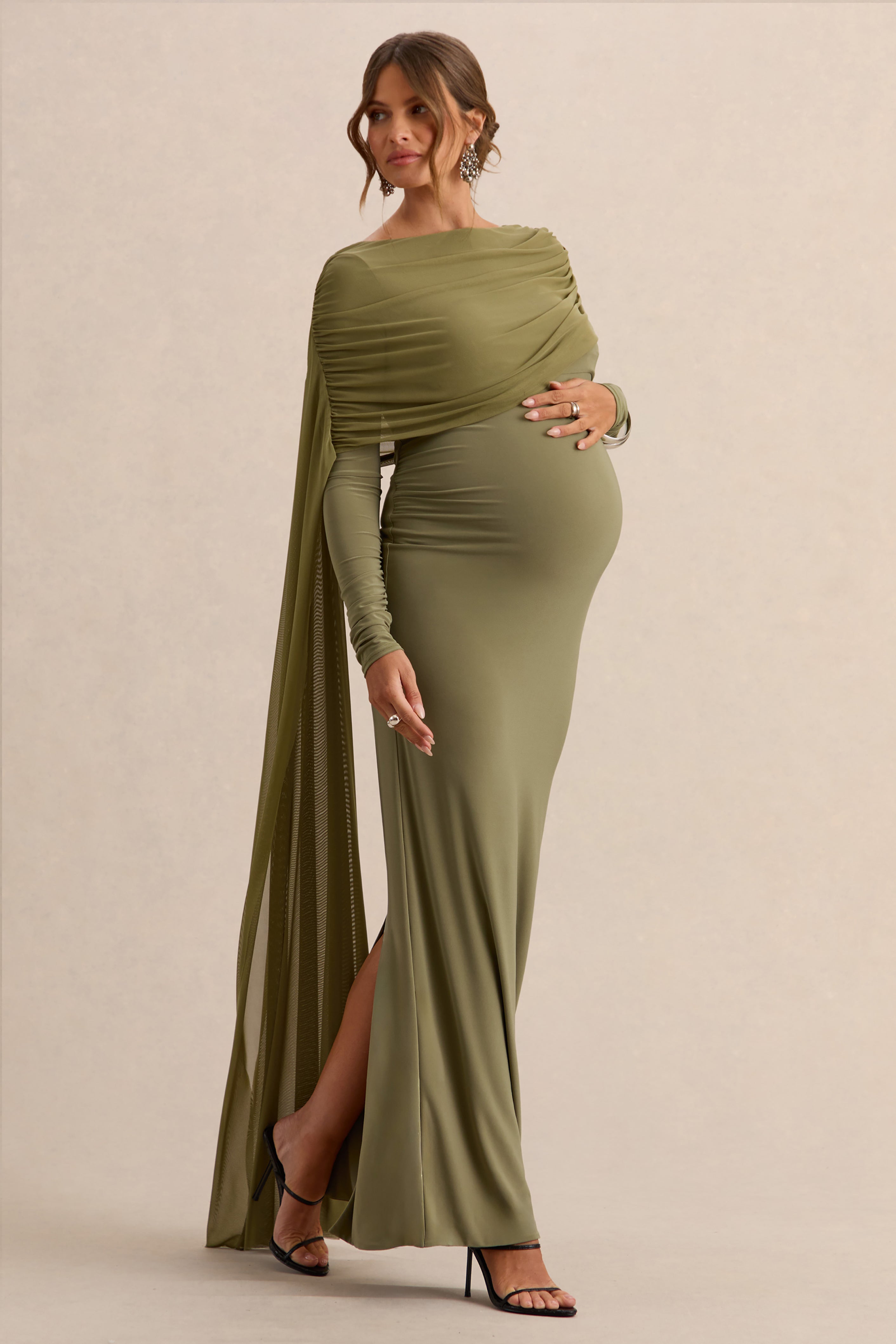 Annelia | Olive High-Neck Maternity Maxi Dress With Sash Detail