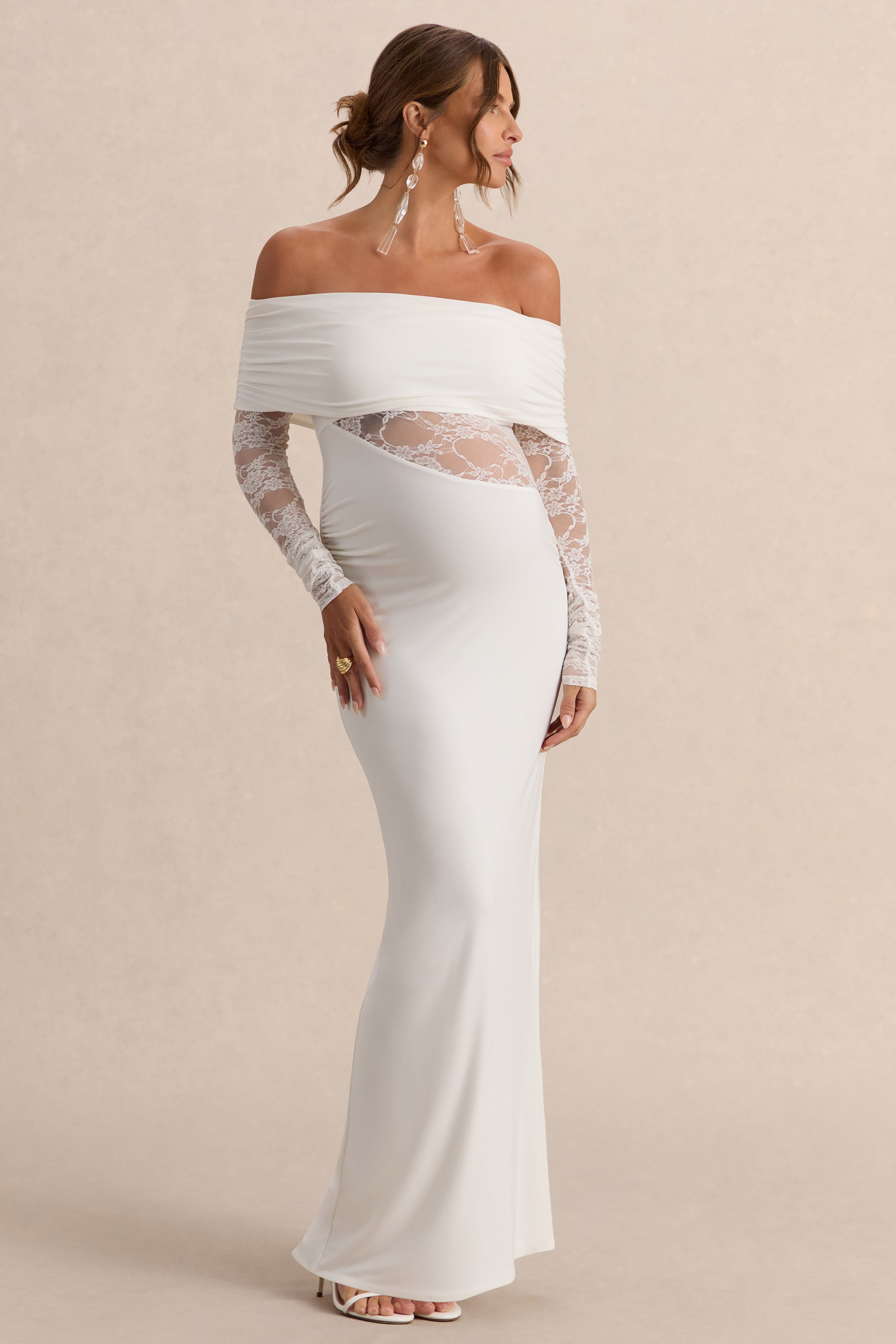 lace maternity maxi dress Lace Puffy Sleeves Maxi Maternity Beach Photoshoot Dress, Black / M
