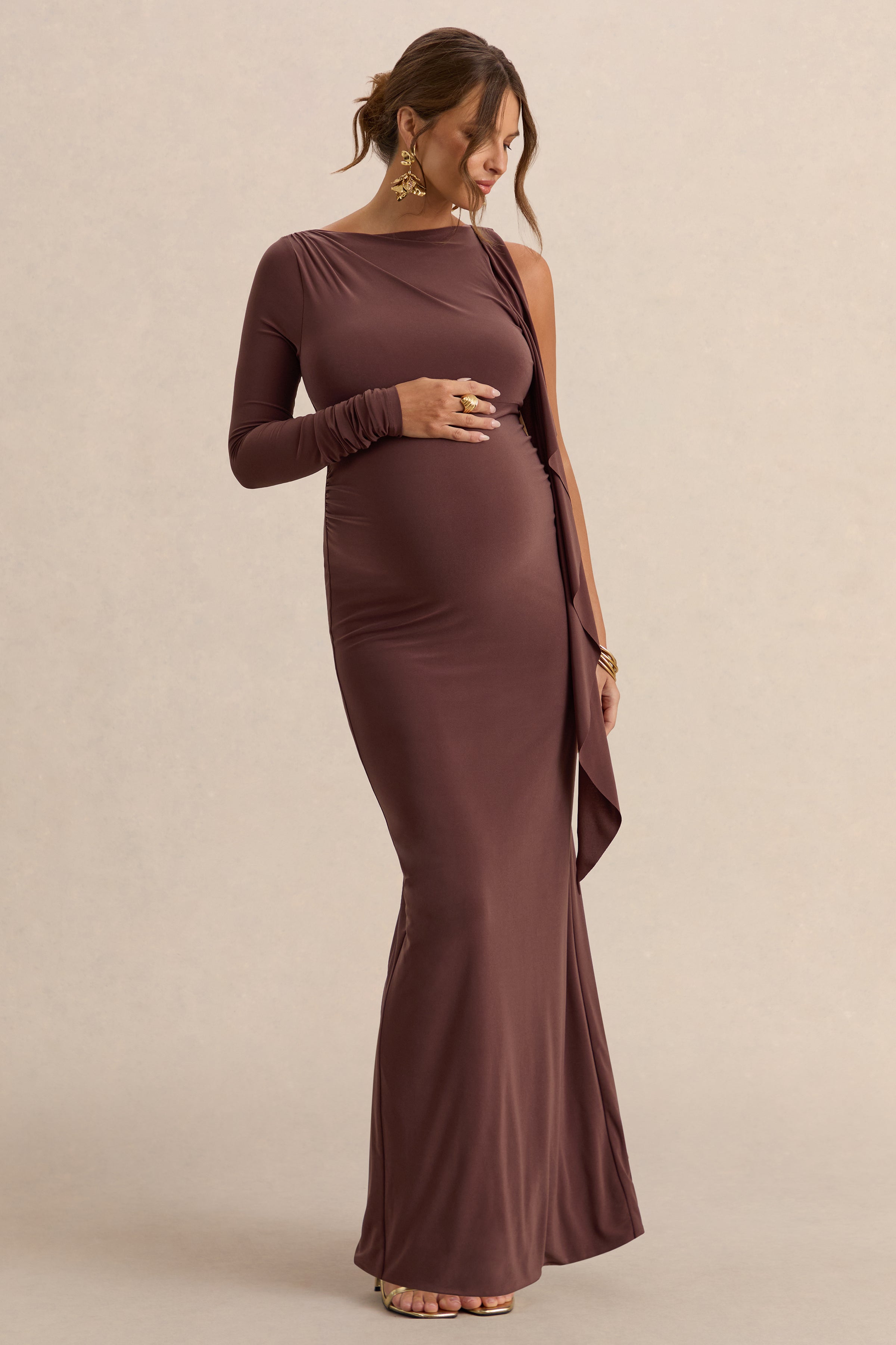 chocolate brown maternity dress Emanuela | Boat-Neck Maxi With Sash Detail baby shower gown for mom