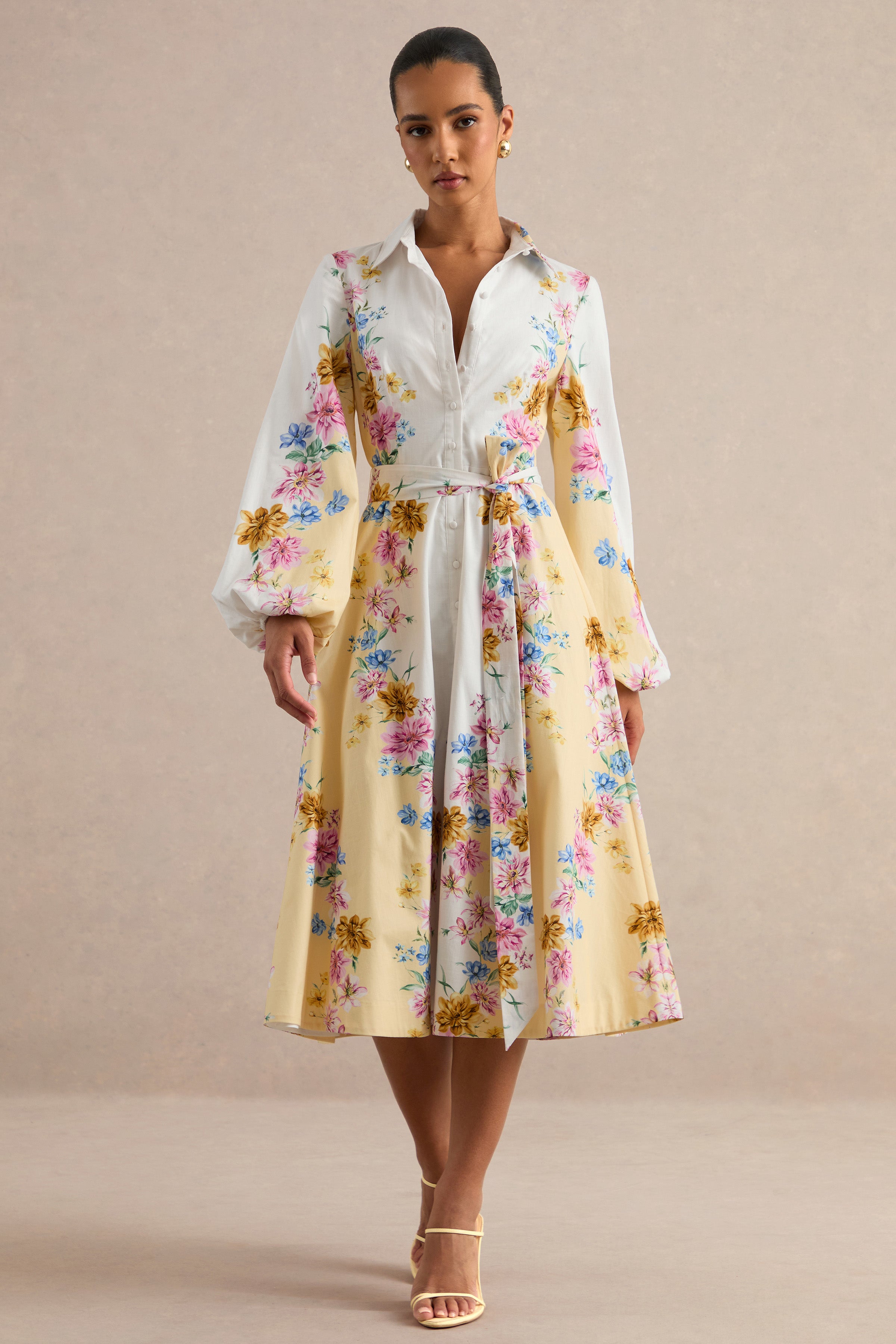 Moira | Lemon Floral Midi Dress With Bell Sleeves – Club L London