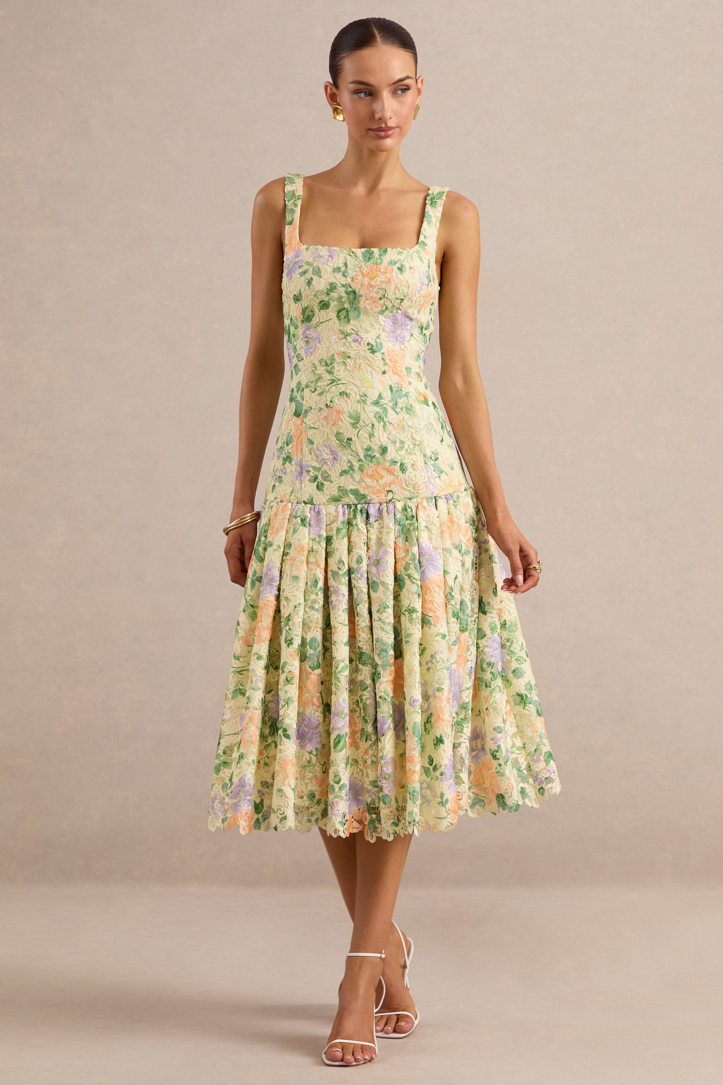 green and yellow floral midi dress Lumara | Lemon Print Lace Square-Neck With Drop Waist whitegoldbach