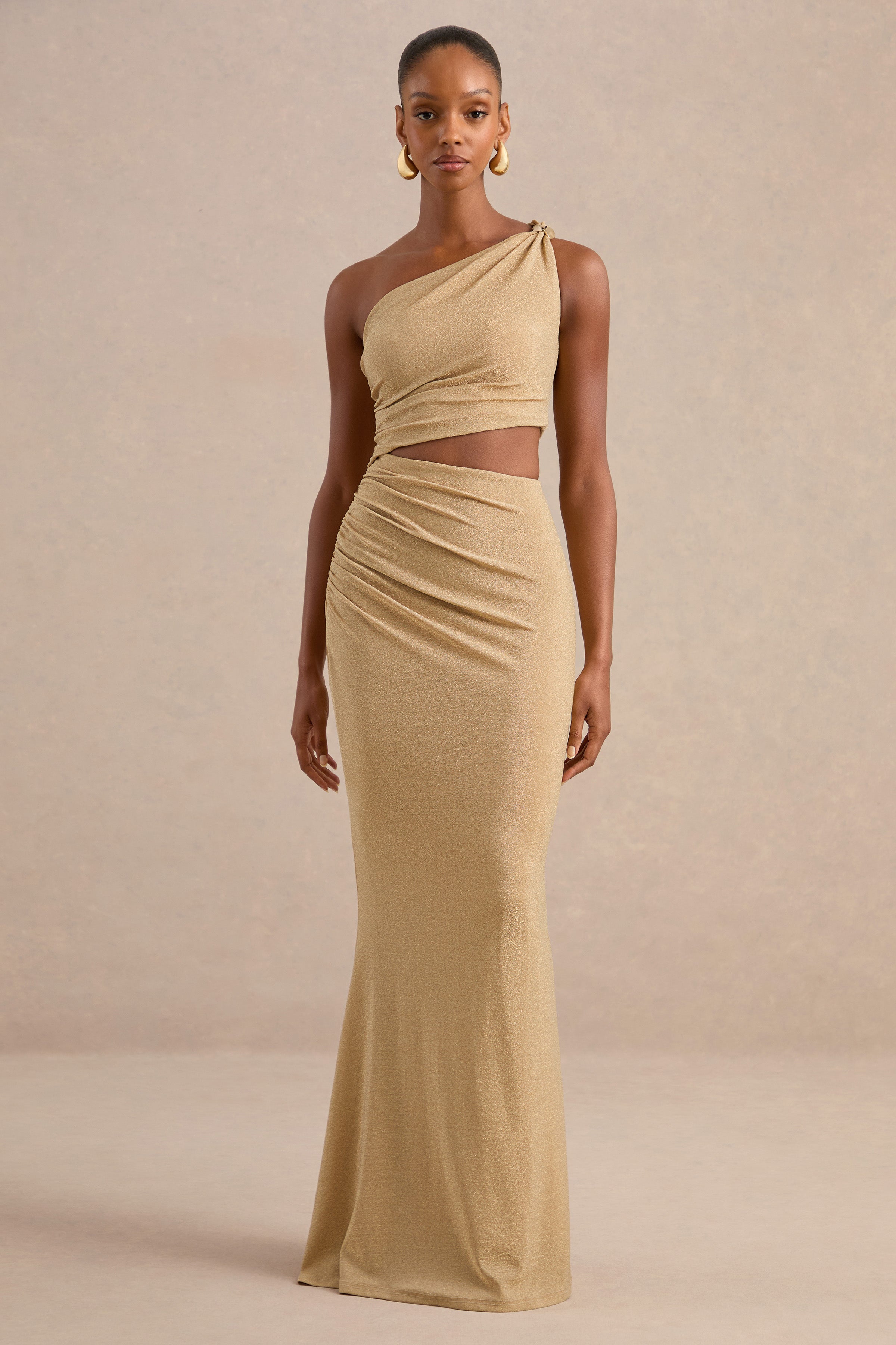 Andela | Gold Metallic Asymmetric-Neck Maxi Dress With Cut-Outs And Go – Club L London