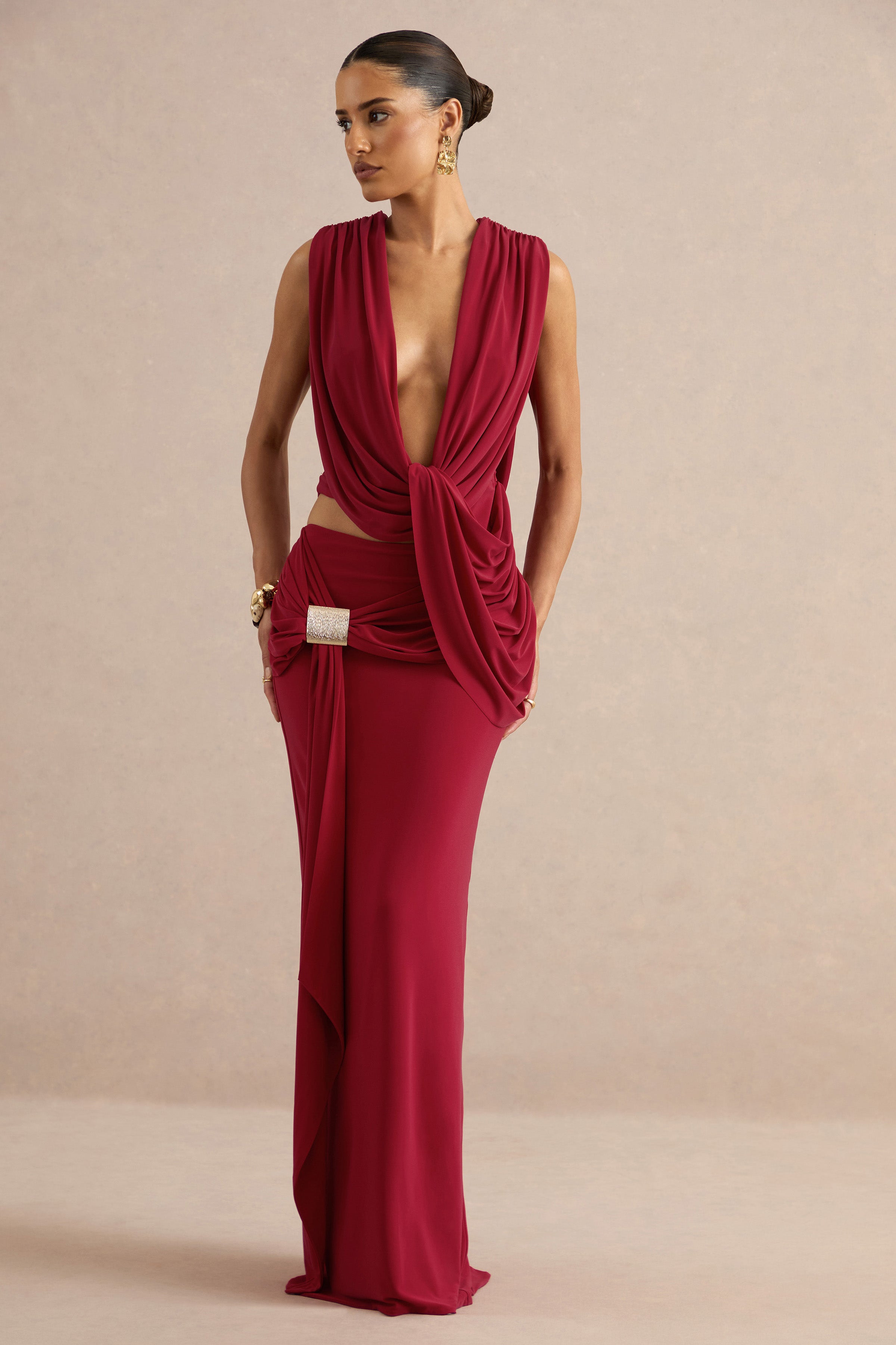 Lilias | Red Jersey Ruched Mid Rise Maxi Skirt With Sash And Gold