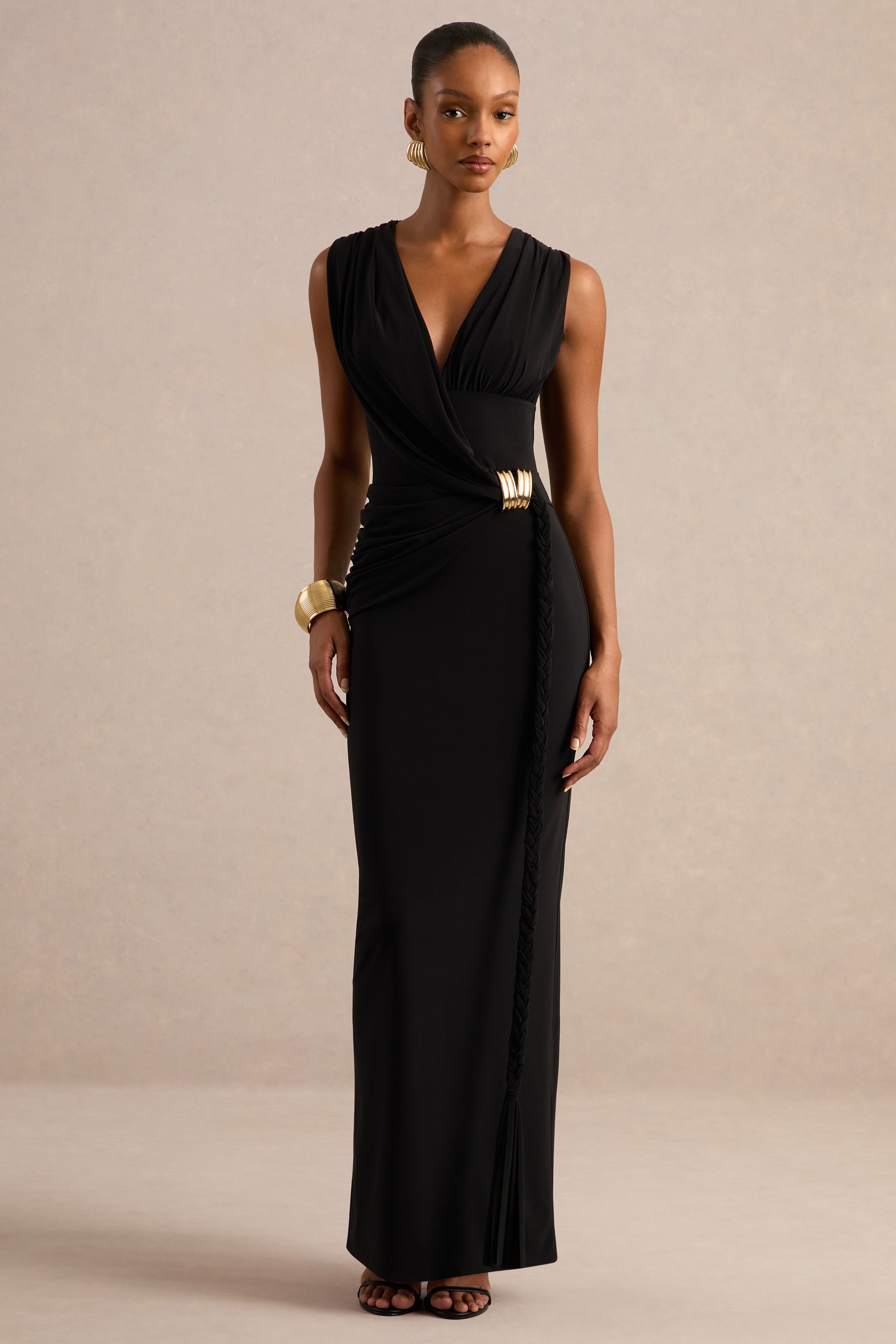 maxi dress gold belt Nalina | Black Jersey Ruched Plunge With Trim And Brai – Club L London casual long dress with belt