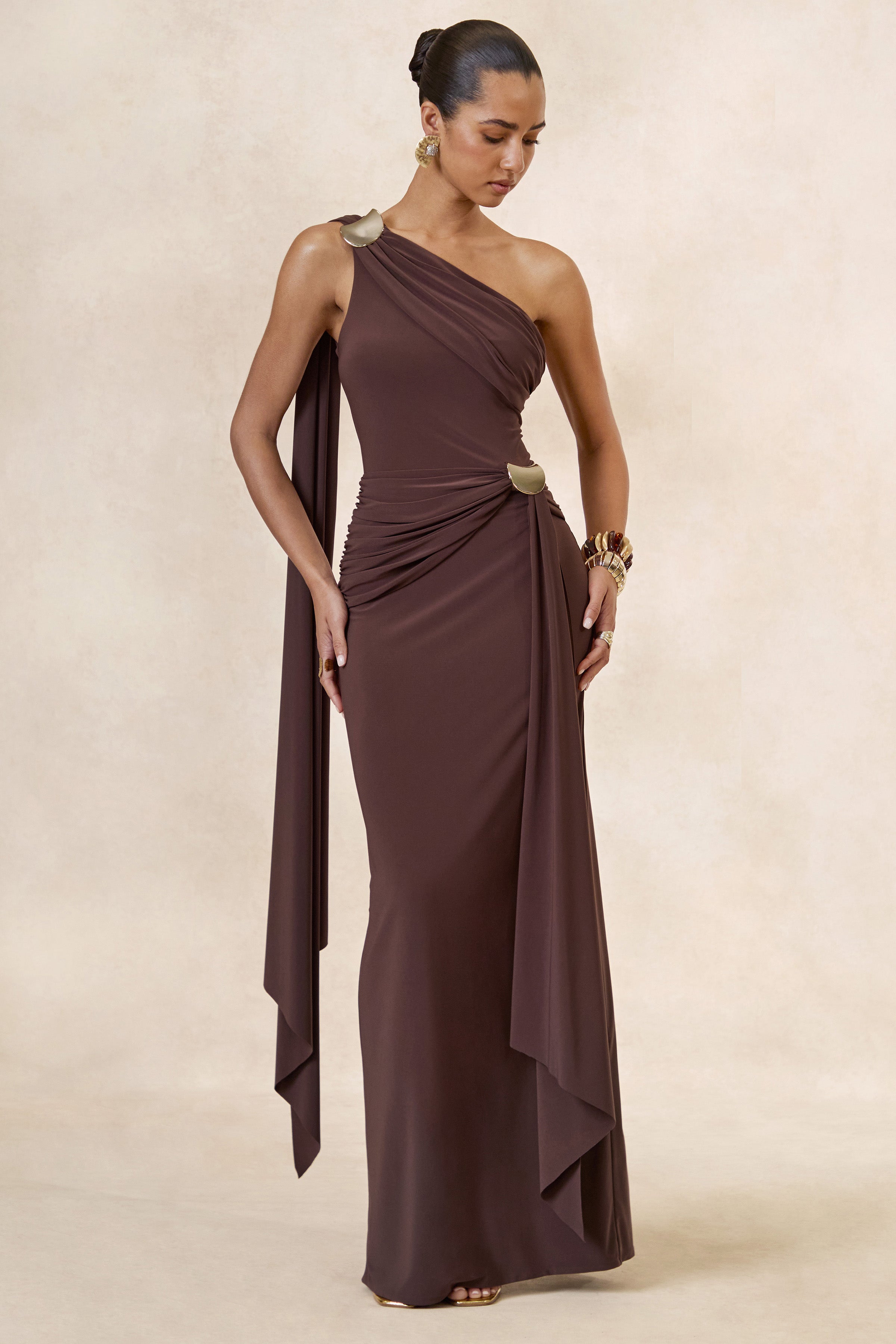 Sariah | Dark Brown Asymmetric-Neck Maxi Dress With Gathered Detailing – Club L London