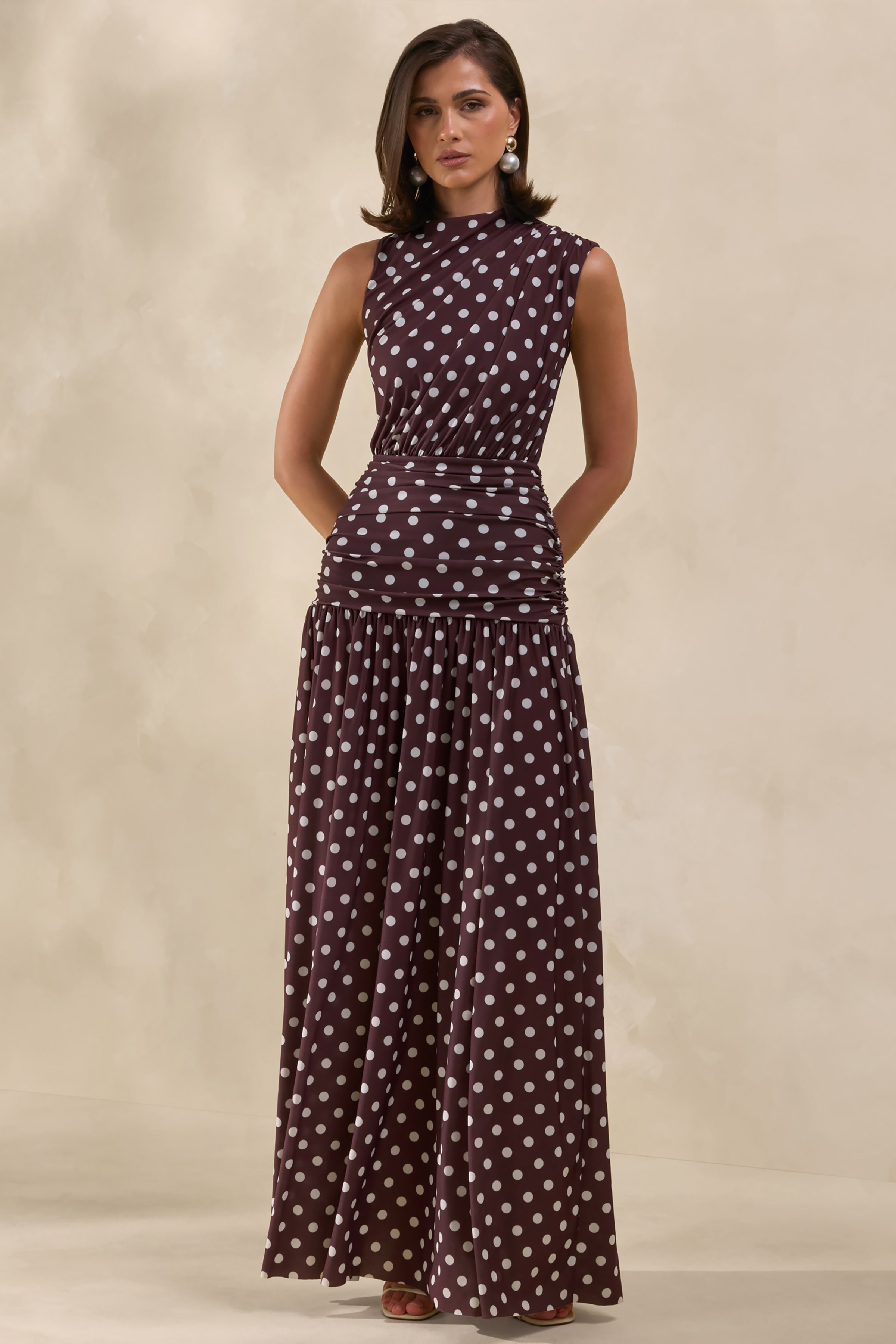 Kelis | Brown Polka-Dot High-Neck Maxi Dress With Draped Detailing – Club L London