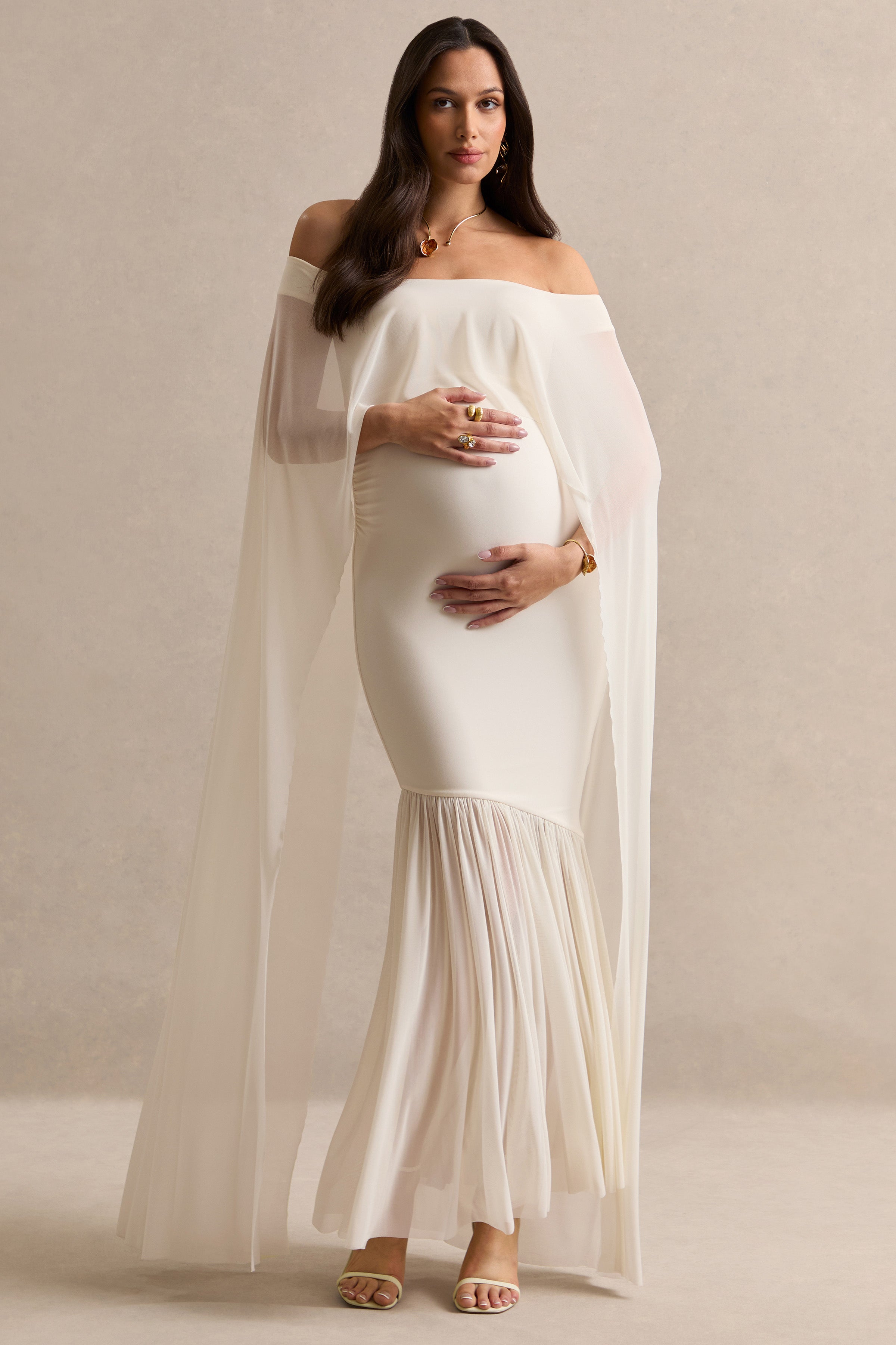 Bluma | Cream Bardot-Neck Maternity Maxi Dress With Sheer Skirt And Ca – Club L London