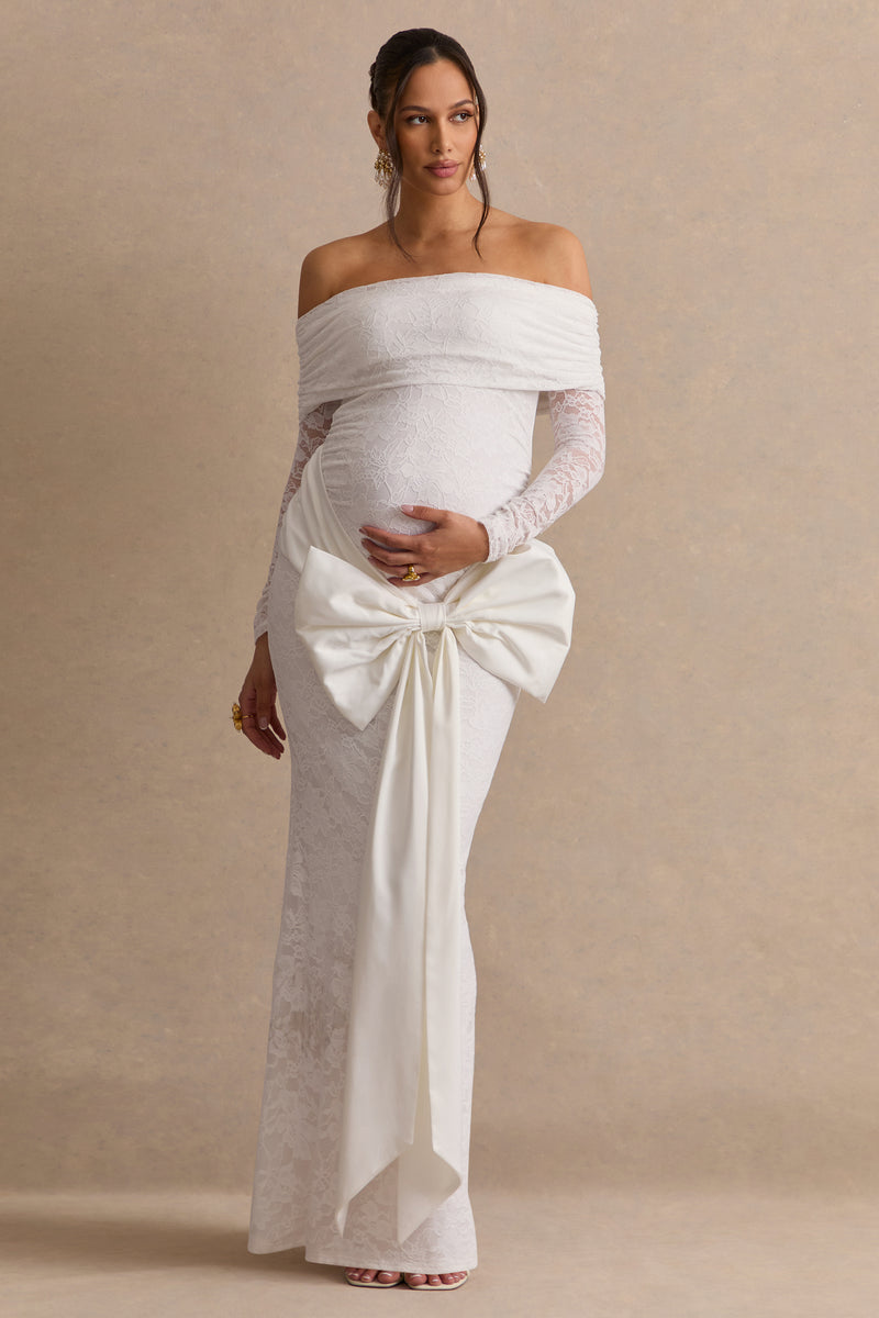 white lace maternity dress Solina White Lace Bardot-Neck Maternity Maxi Dress With Bow Detail – Club L London