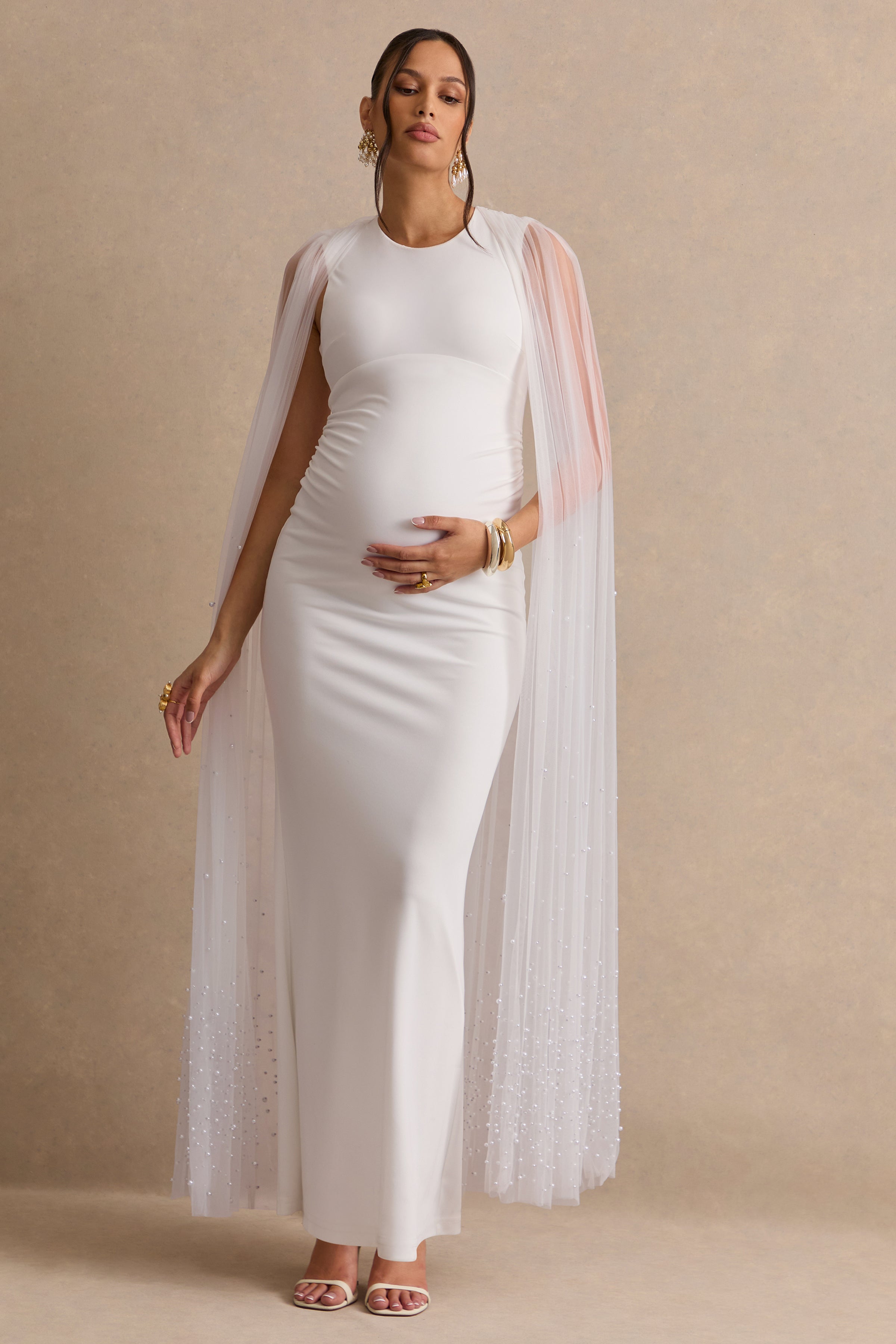 Tereza | White Round-Neck Maternity Maxi Dress With Sheer Cape