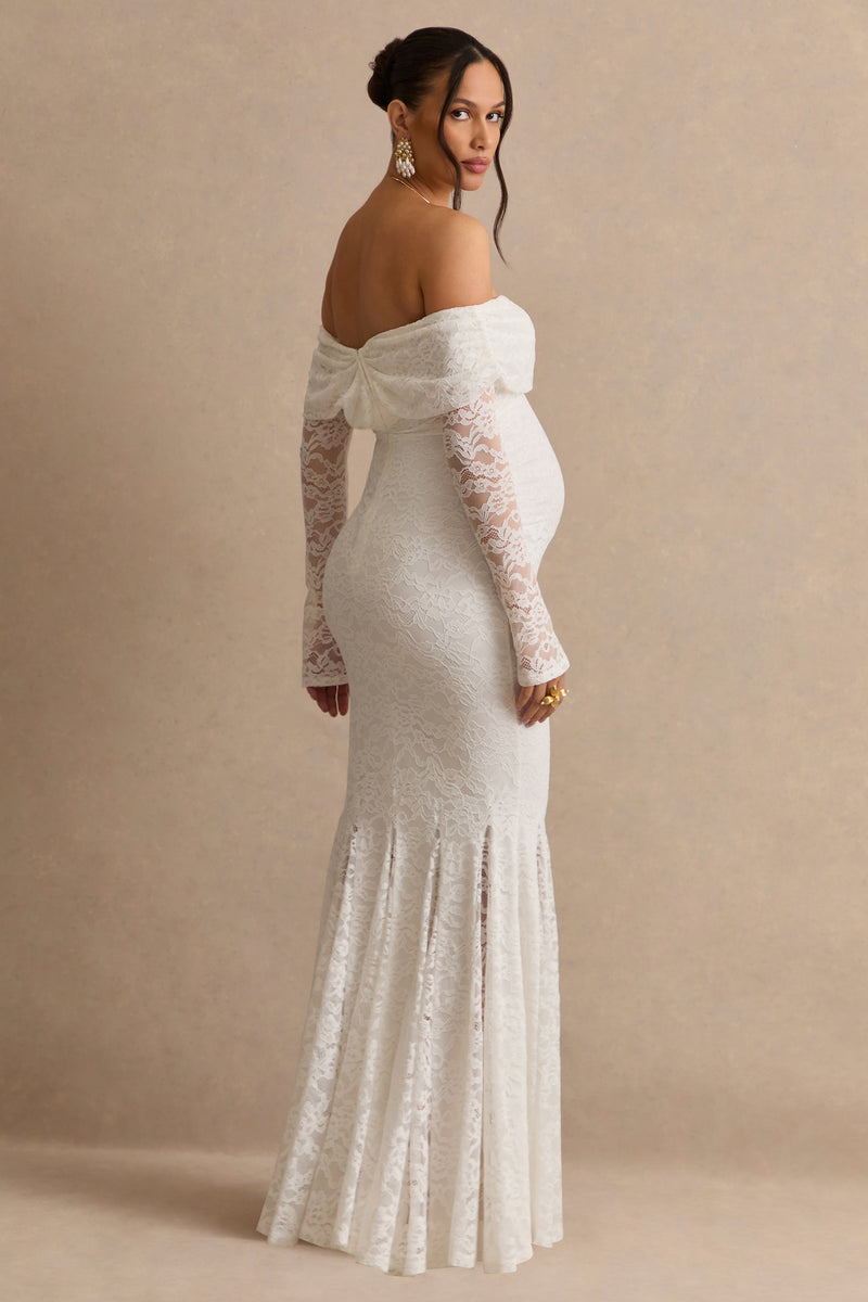 maxi lace maternity dress Momyknows White Lace Ruffle Mermaid Elegant Long Sleeve Baby Shower Maternity Maxi Dress, White / 2XL