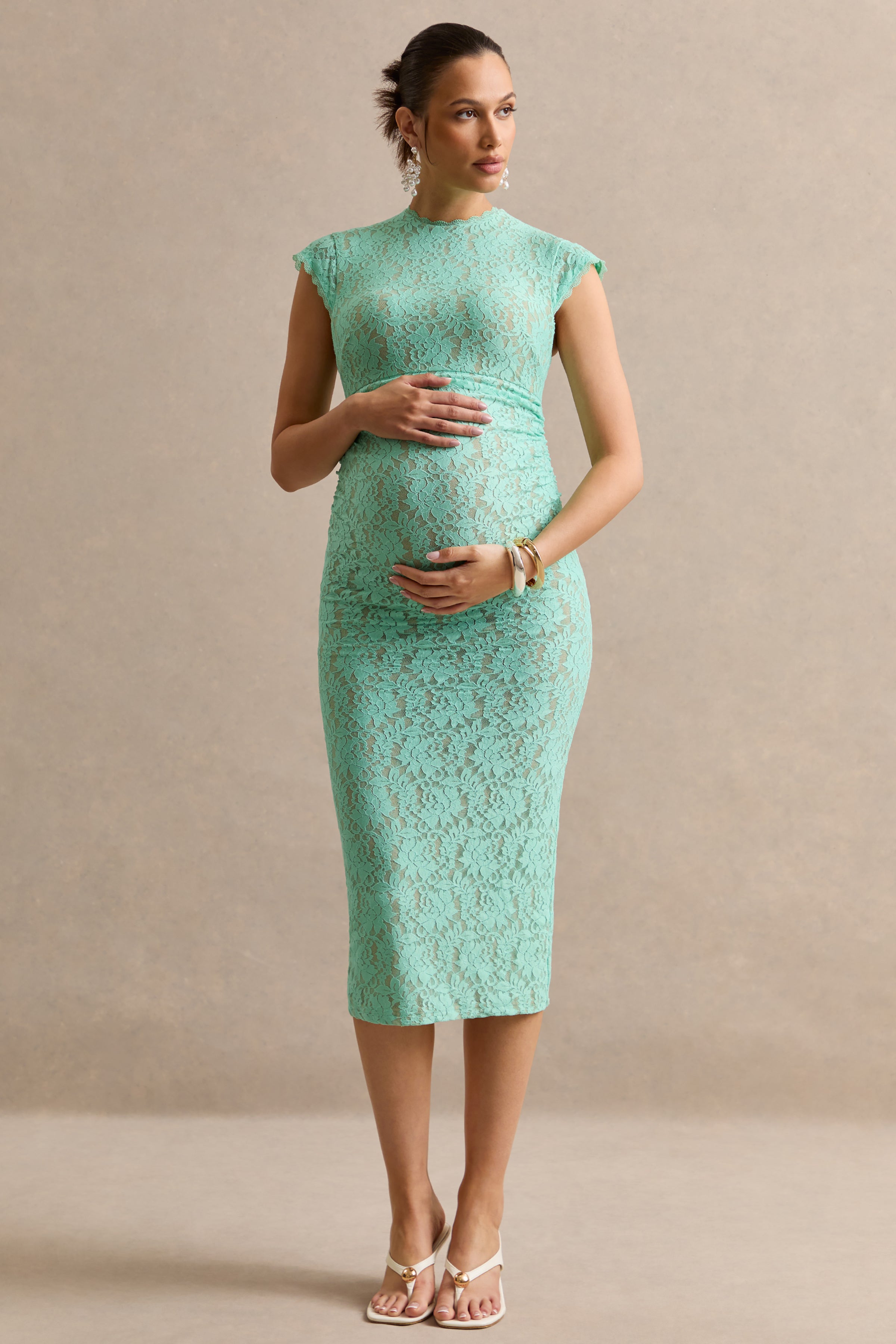mint green pregnancy dress Vianne | MINT Lace Round-Neck Maternity Midi Dress