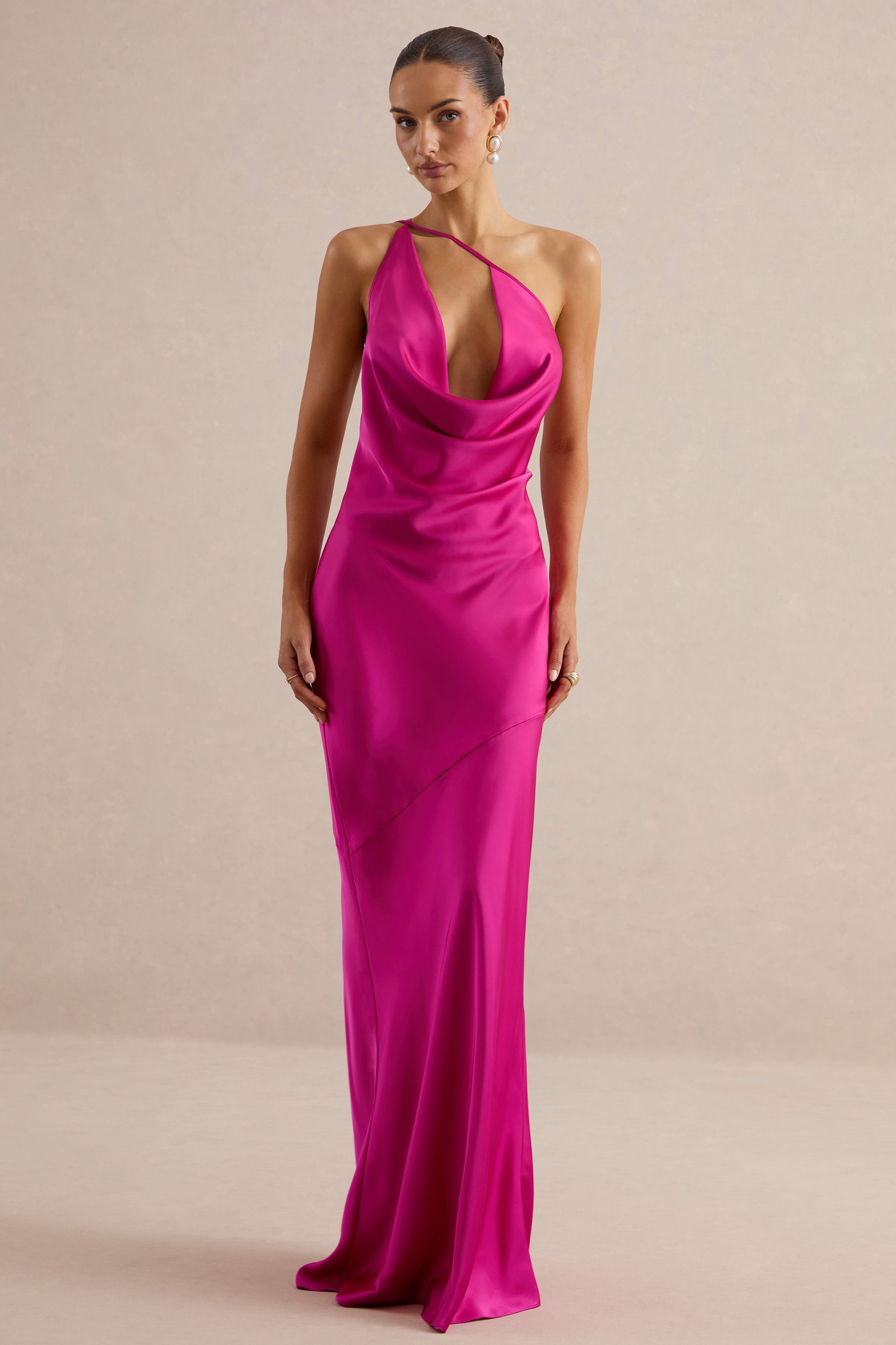 Kamalyn | Hot Pink Satin Asymmetric-Neck Maxi Dress – Club L London