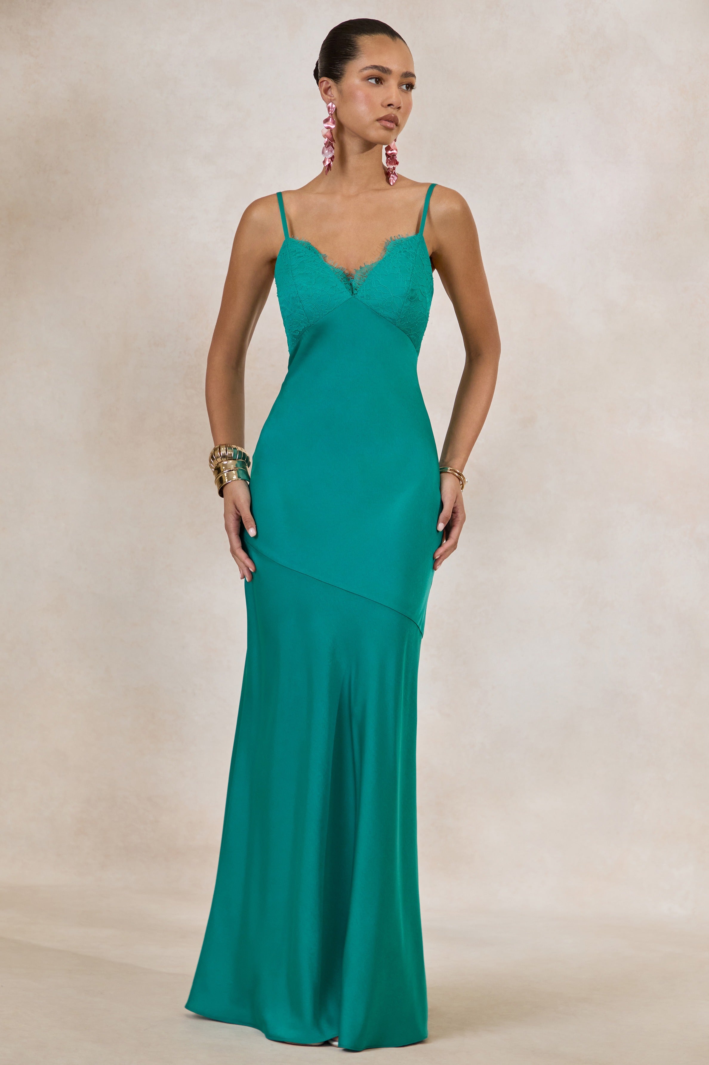 Kyralie | Green Satin V-Neck Maxi Dress – Club L London