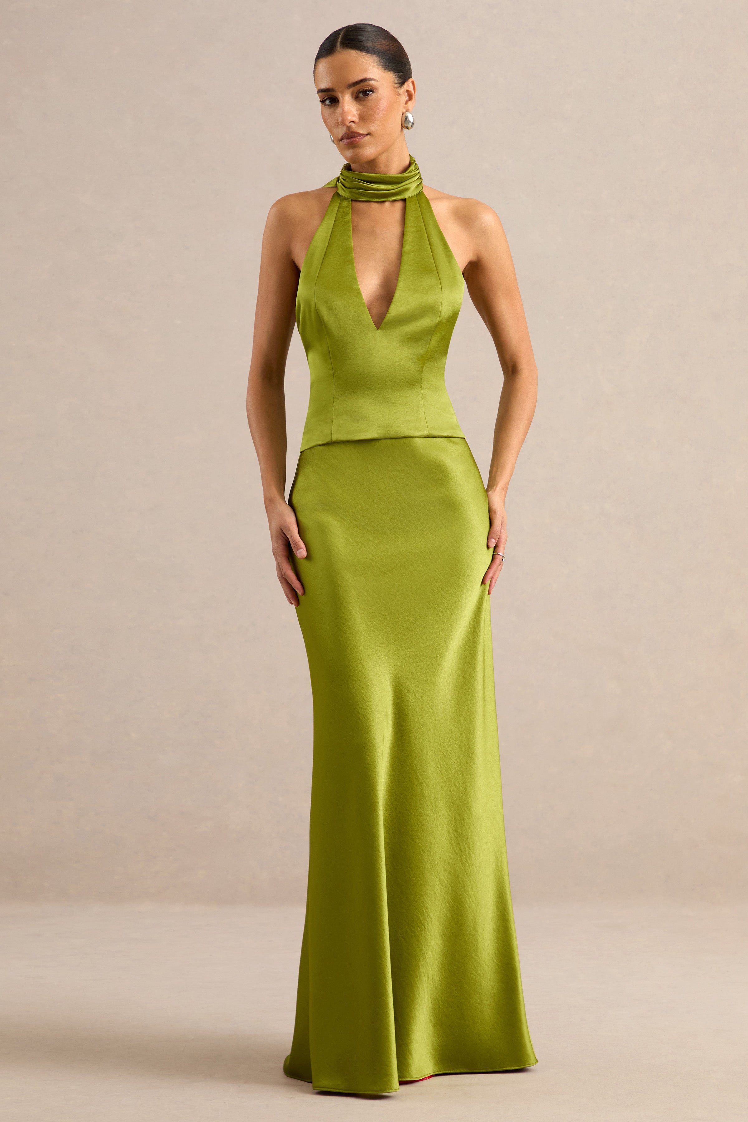 olive green satin maxi dress Lareina Back Style: V-back