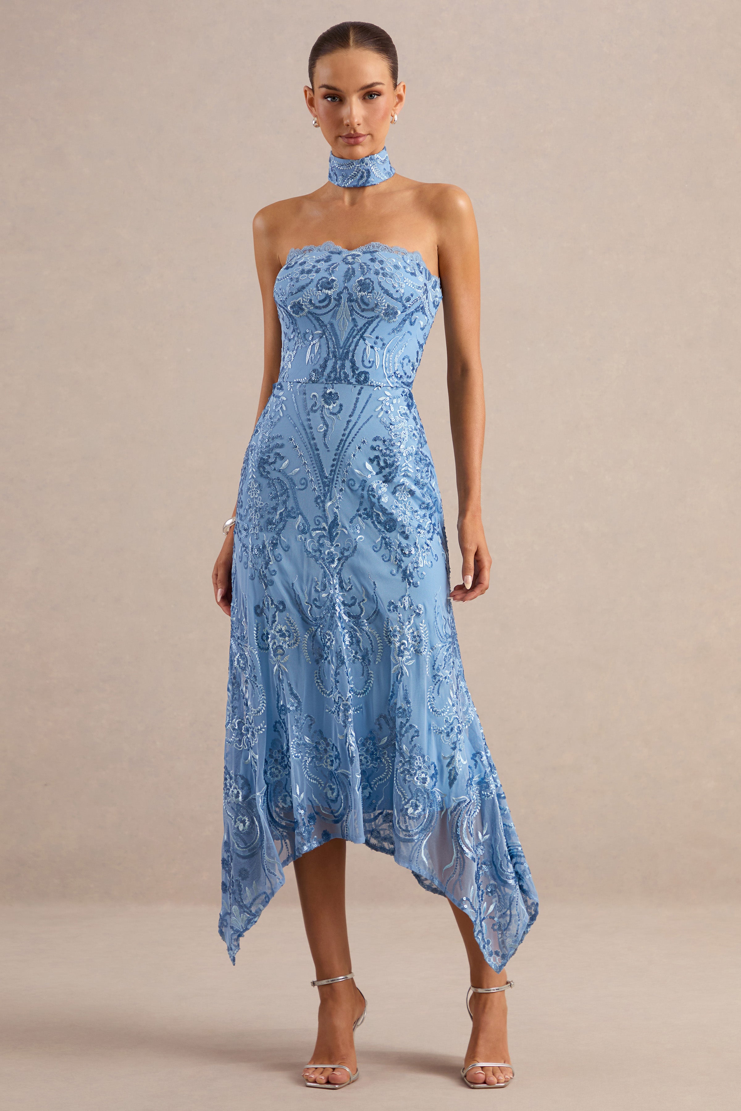 blue lace high low dress Galathea | Bandeau-Neck Midi With Collar Detail color_silver pregnancy black tie dresses Luxury Satin Colors:Black secure fit