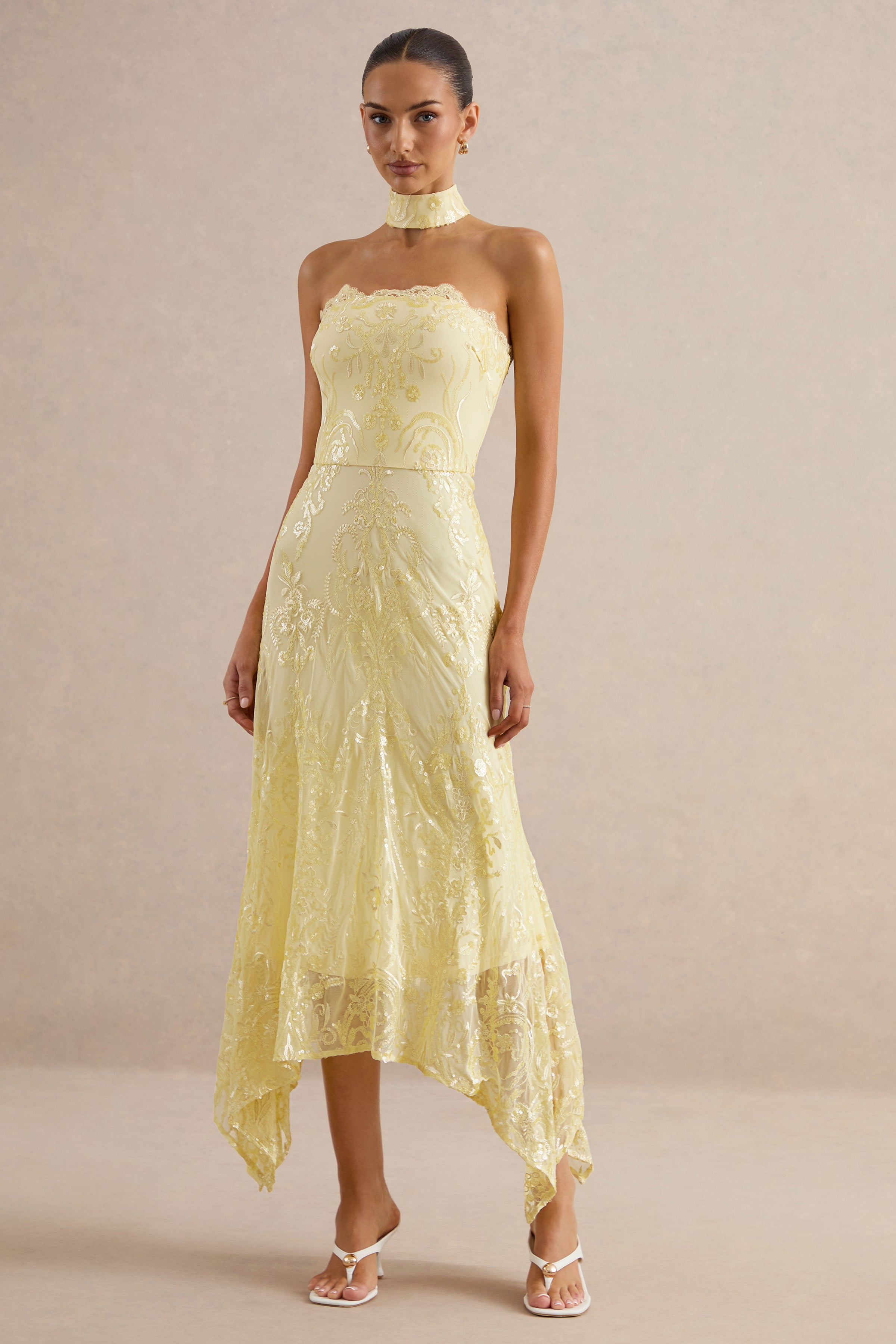 gold jacquard bandeau curve hem bodycon dress Galathea | Yellow Lace Bandeau-Neck Midi With Collar Detail Color:Gold/Silver