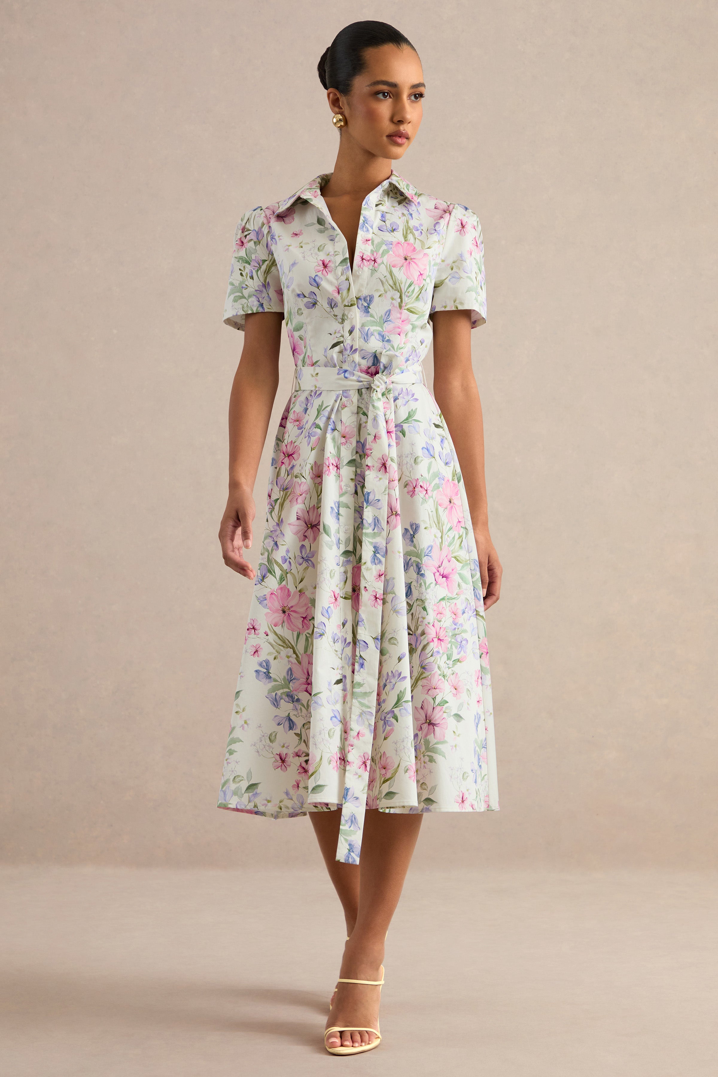 beige floral midi dress Viviette | Cream Print Collared-Neck new-arrivals:Chairman Cheap Black Deep V-Neck Crafted in a lightweight Pants Size:29 S