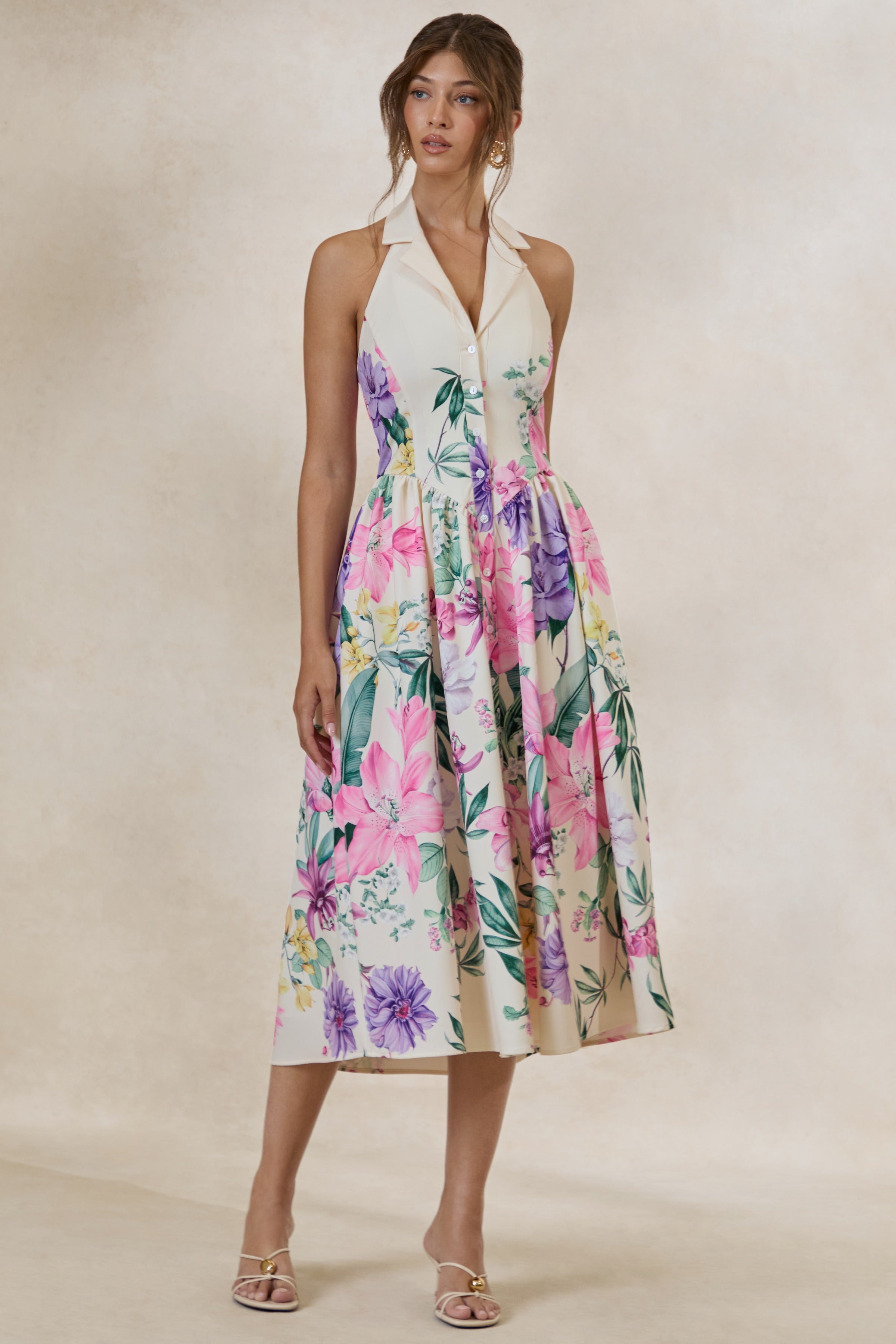 Maila | Cream Floral Print Collared Halter-Neck Midi Dress