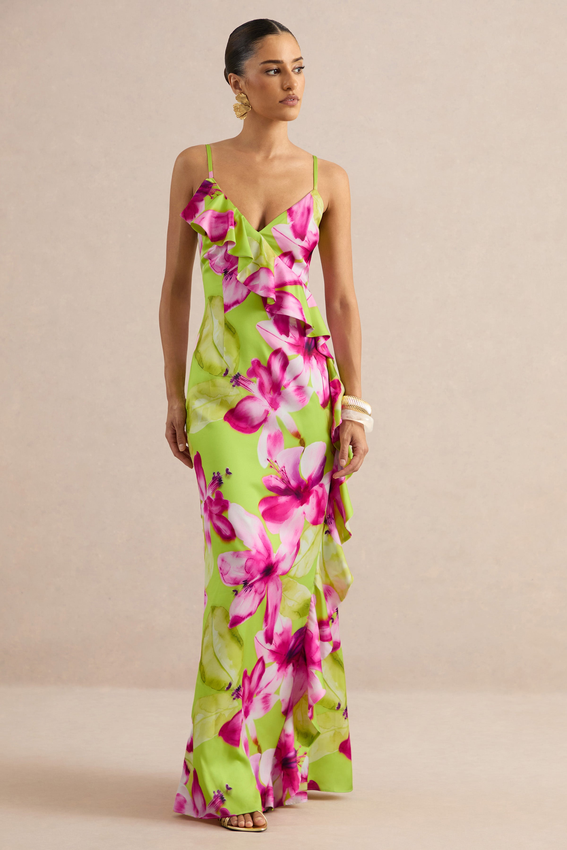 pink and lime green dress Marcelina | Floral Print Satin V-Neck Maxi – Club L London dark greenery Machine washable Book Club Dress to COLOR:FIG
