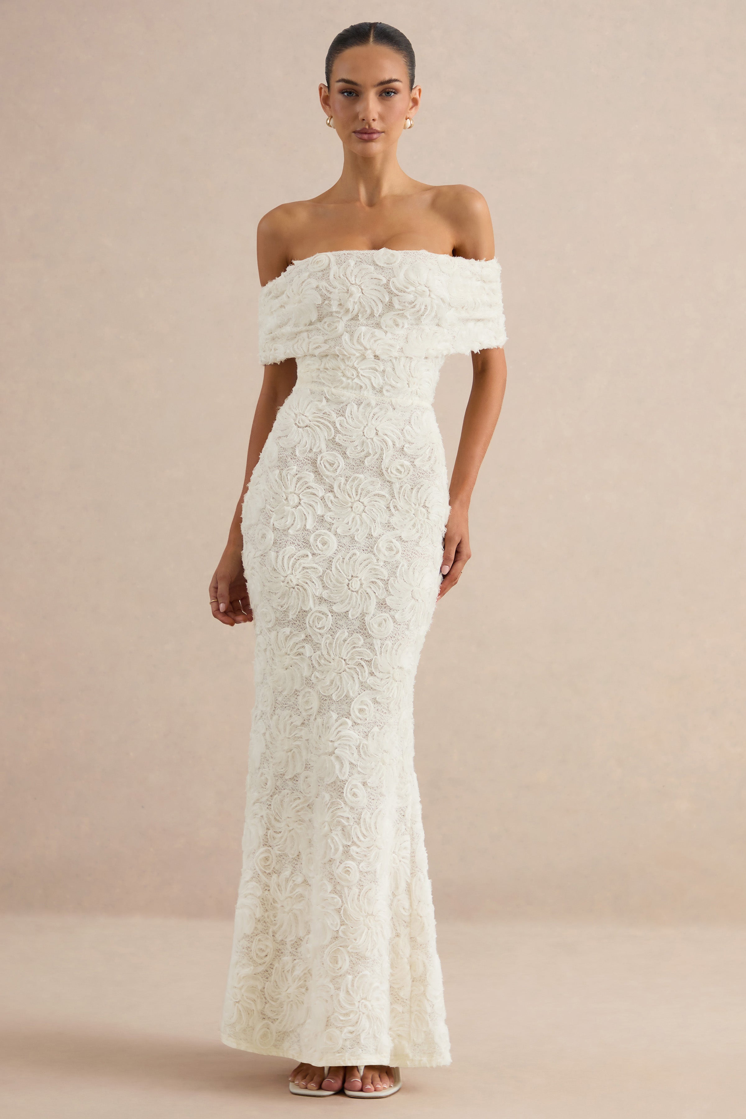 white lace dress dresses Xara | Bardot-Neck Maxi Hooper Cassie Contrast Piping Empire Gown:Queen Mariah (Ivory) Size 2 This white formal evening