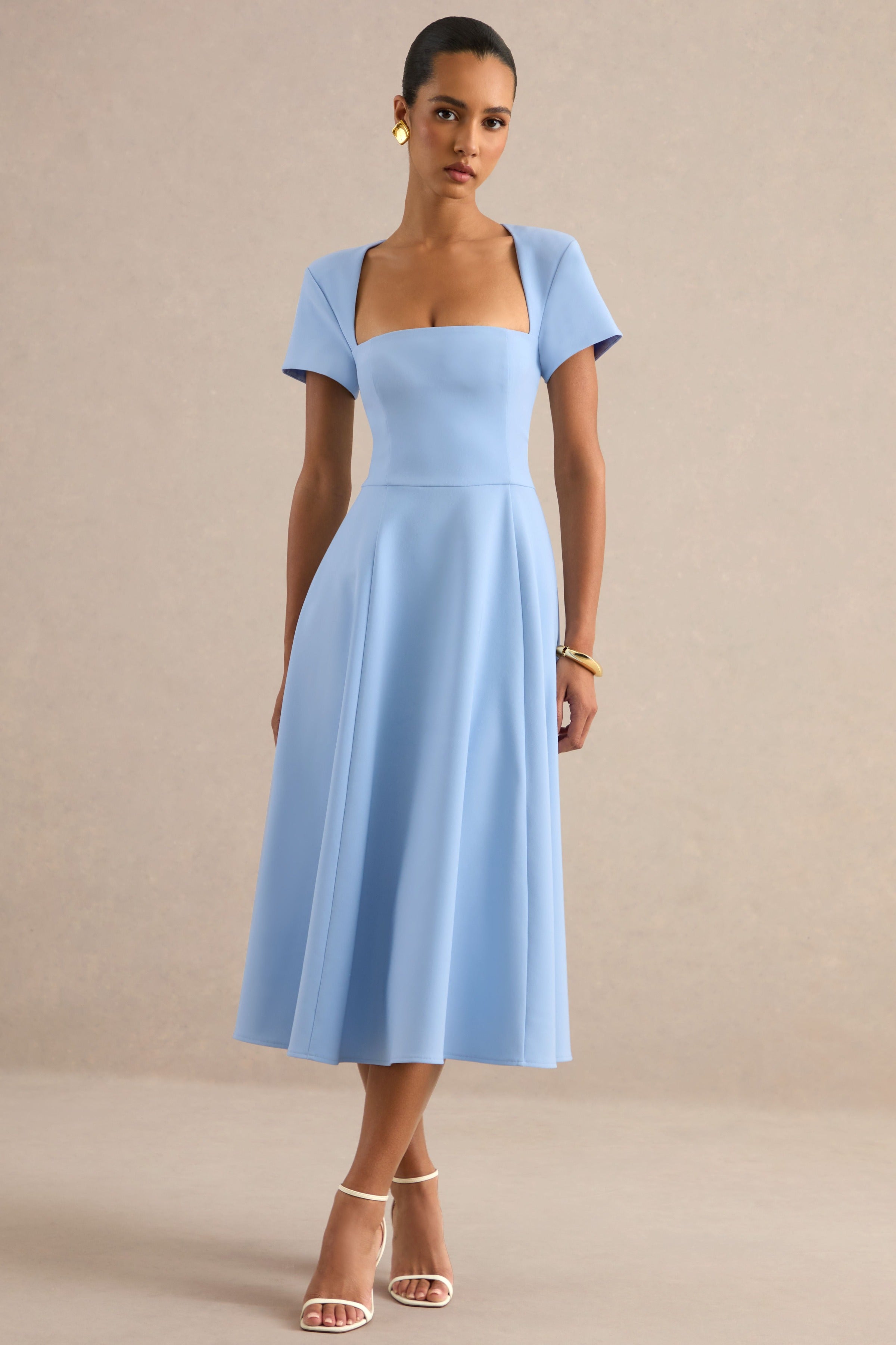 Donia | Light Blue Square-Neck Midi Skater Dress – Club L London