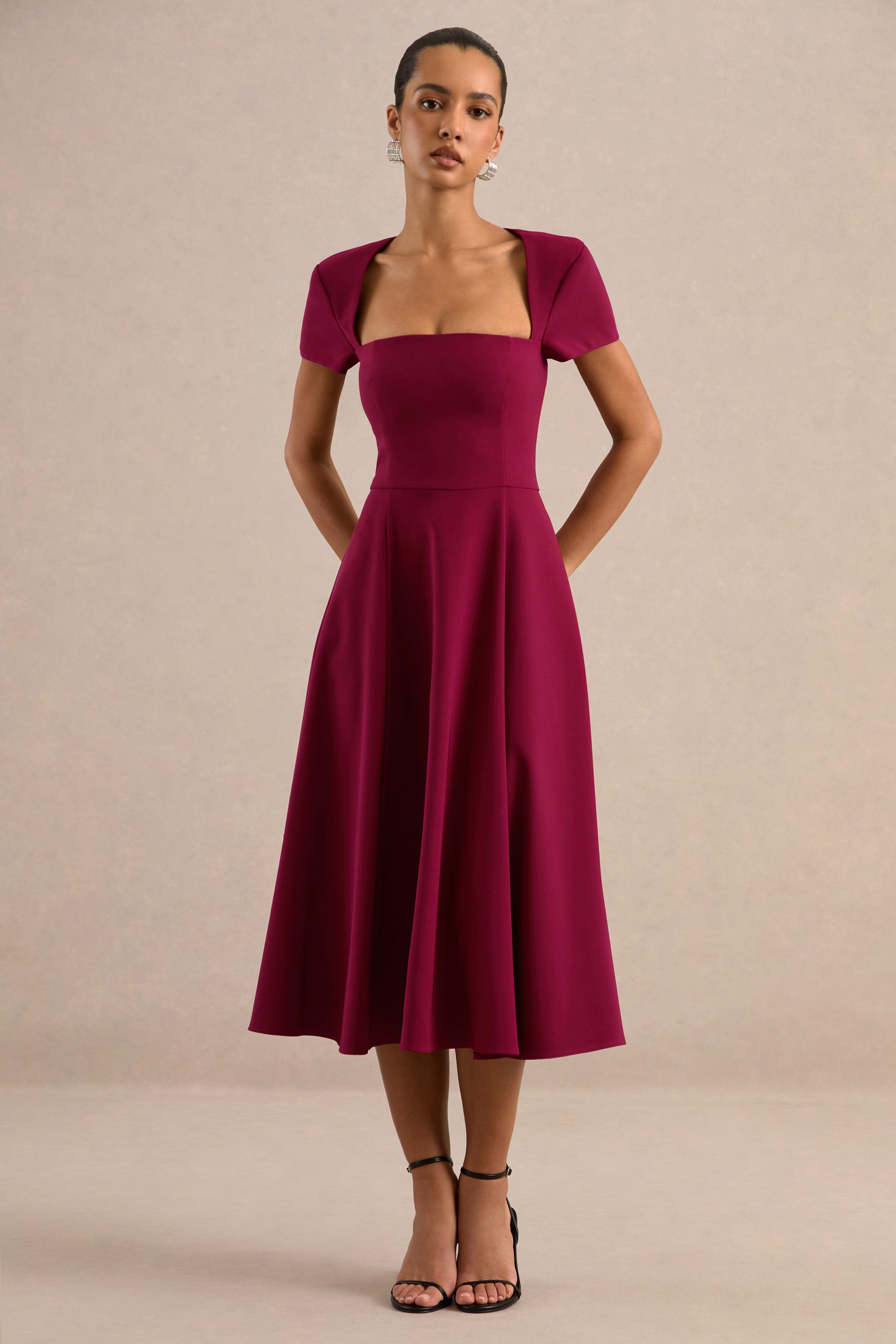 giulia sparkling square neck dress in burgundy Donia | Square-Neck Midi Skater – Club L London durable) Season Special Order Only Shirred Cotton Sleeveless Dress--Dry Width:4E - Extra Wide