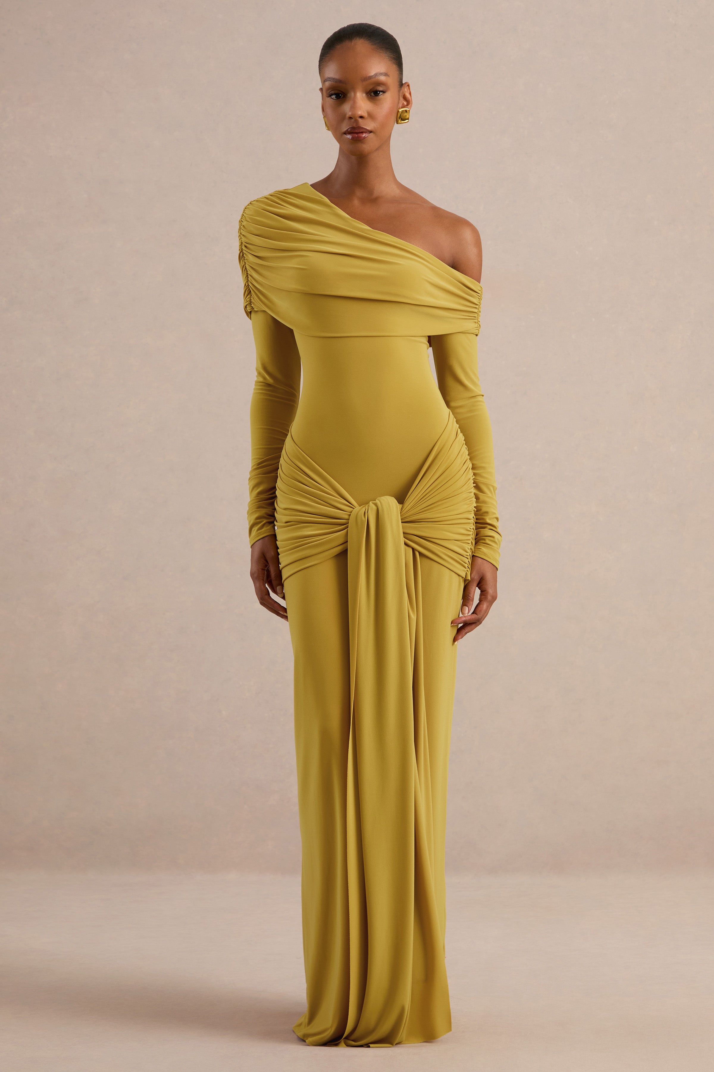 Avonlea | Mustard Asymmetric-Neck Maxi Dress With Gathered Detailing – Club L London