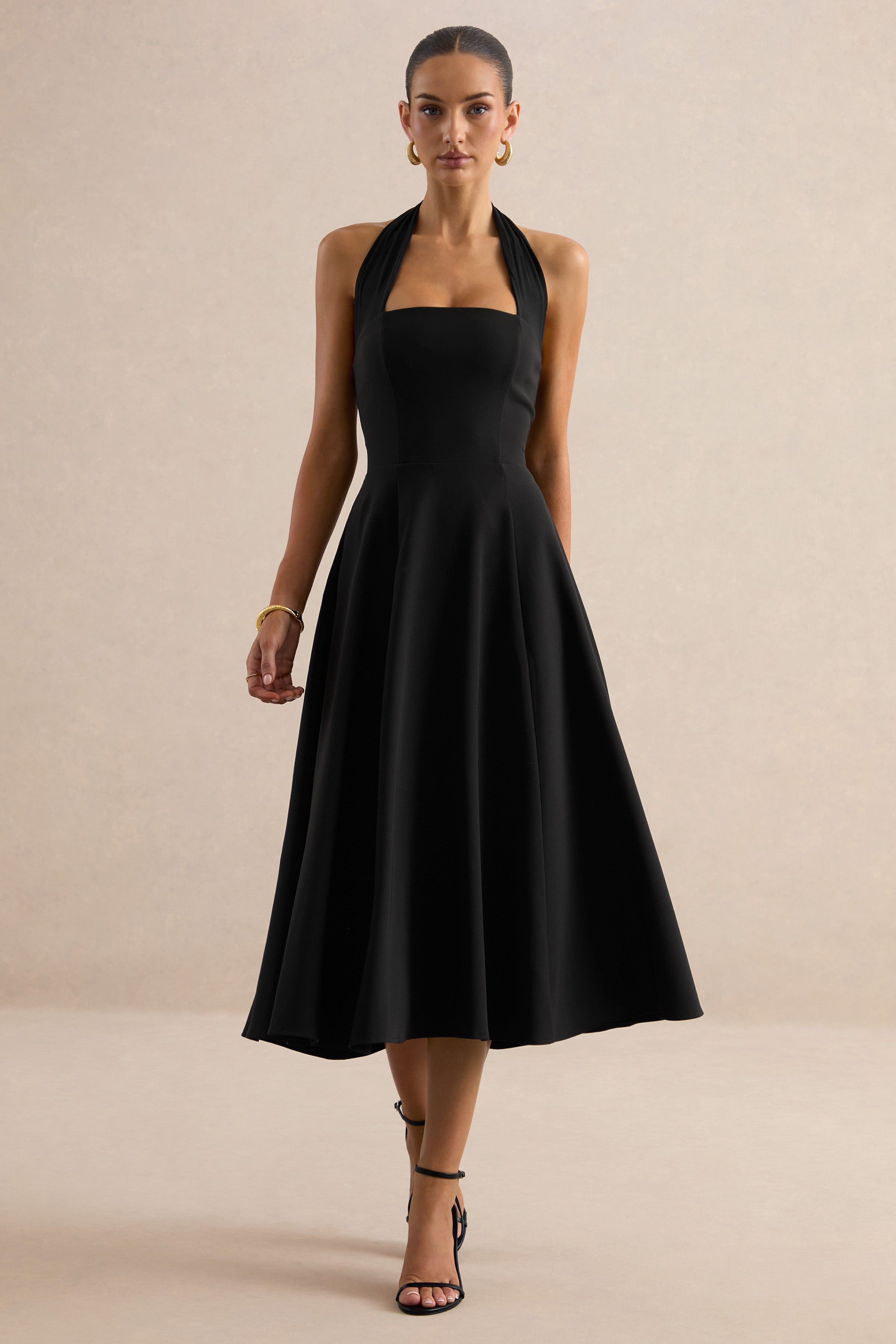 midi skater dress formal Black boohoo Crepe Asym Neck Skater Midi Dress