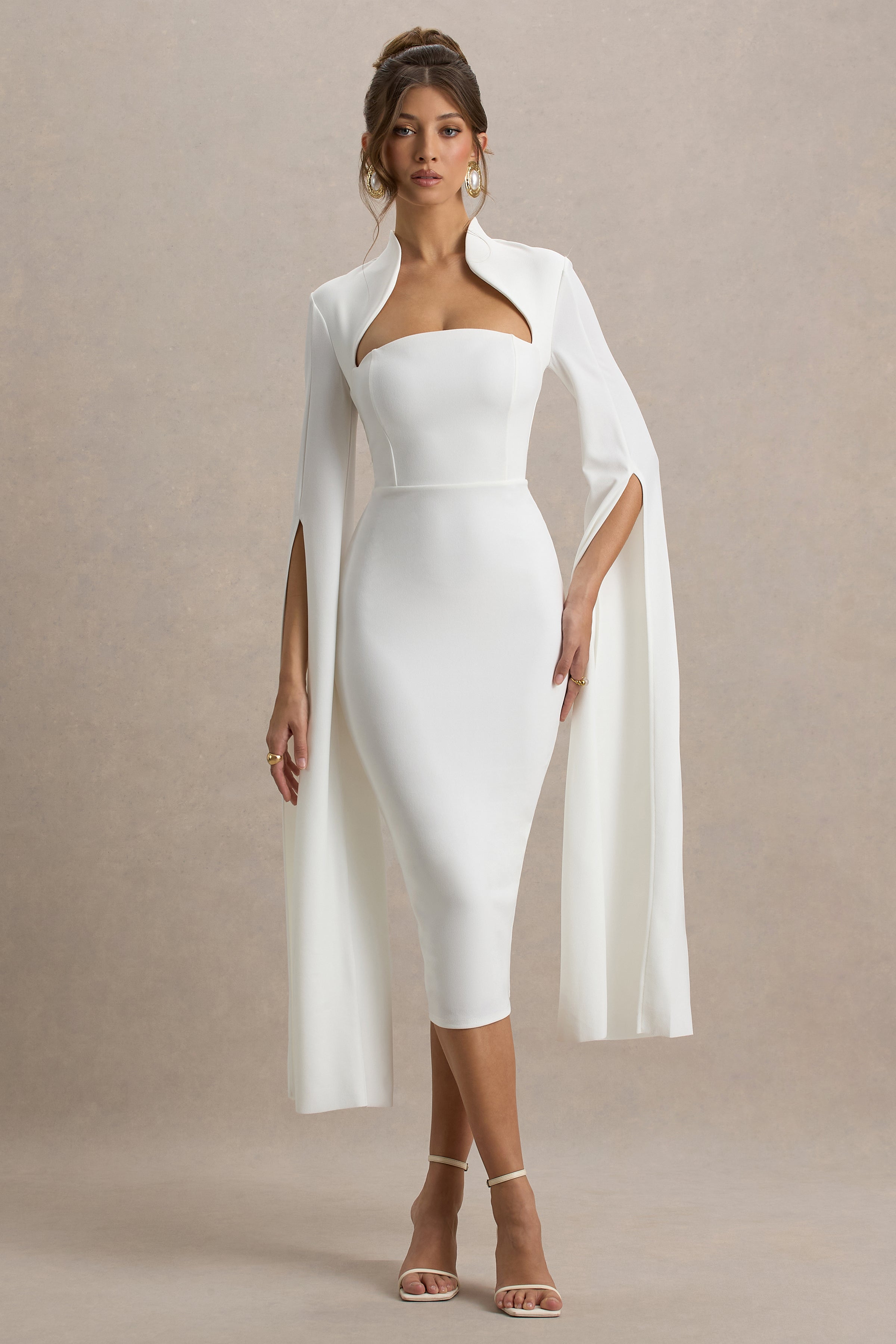Linden | White Fitted Cape-Sleeve Midi Dress – Club L London