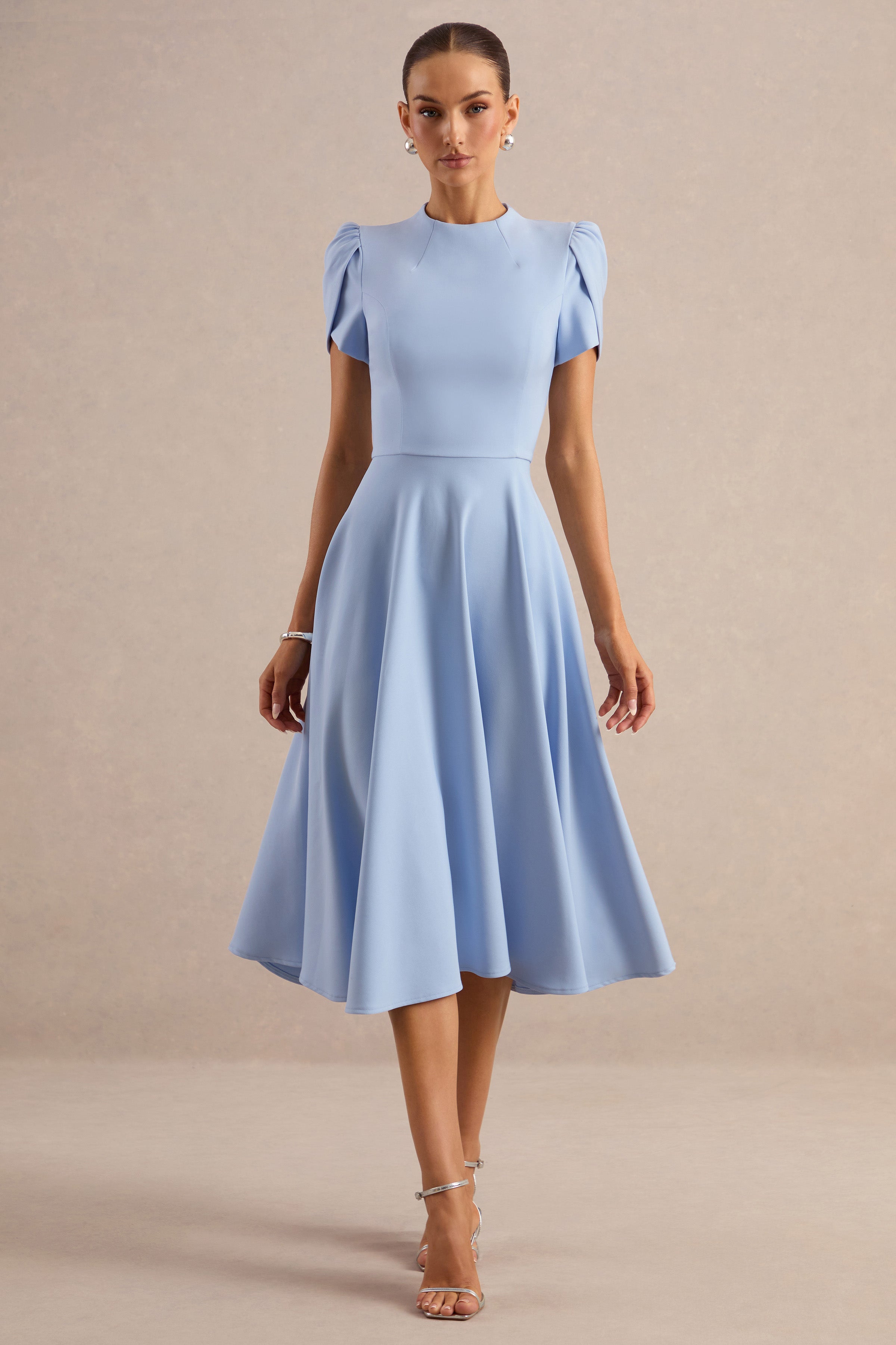 light blue midi dress formal Vicky | Powder High Neck With Puff Sleeves Powder blue crepe fabrication