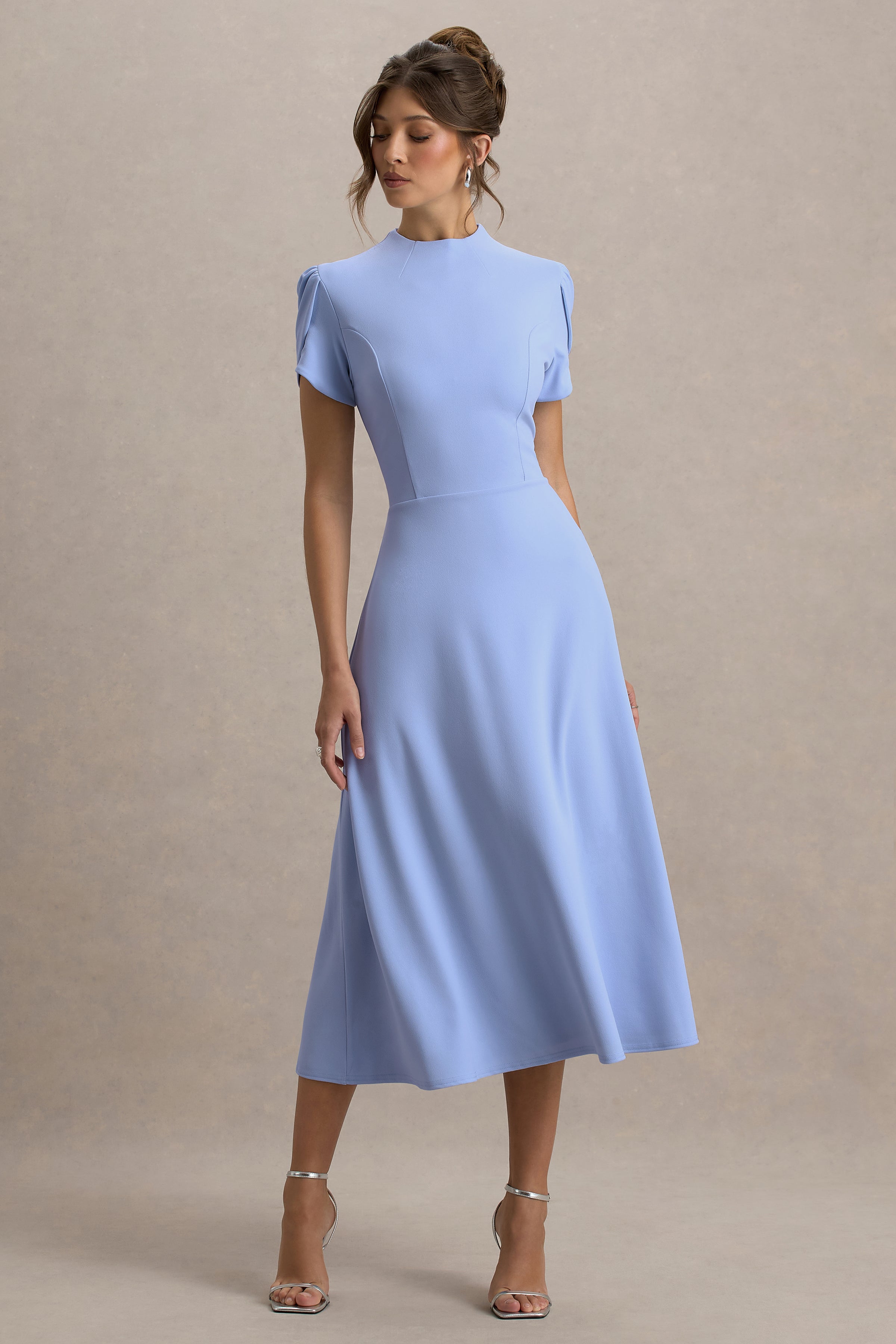 Vicky | Powder Blue High Neck Midi Dress With Puff Sleeves – Club L London