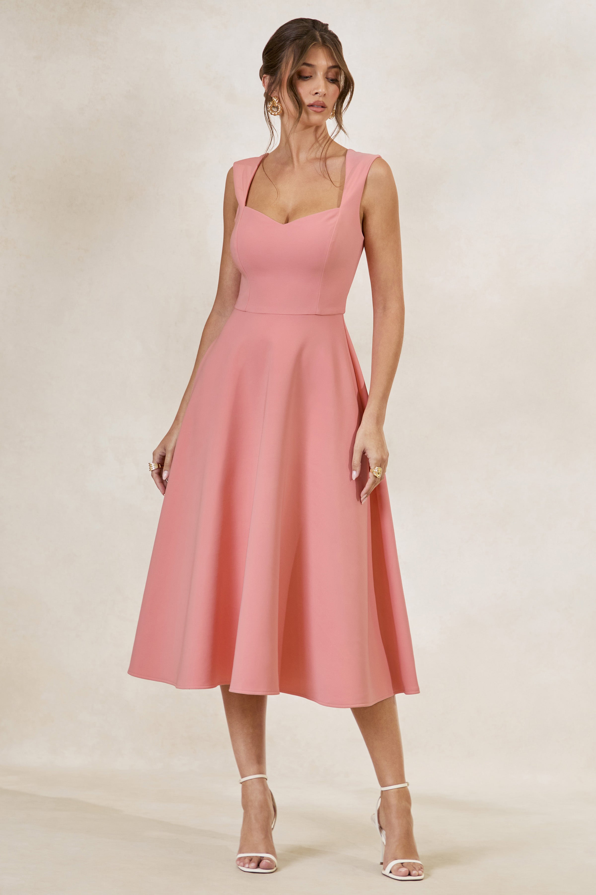 coral pink midi dress Light Pink Floral Jacquard Midi Dress - All Dresses
