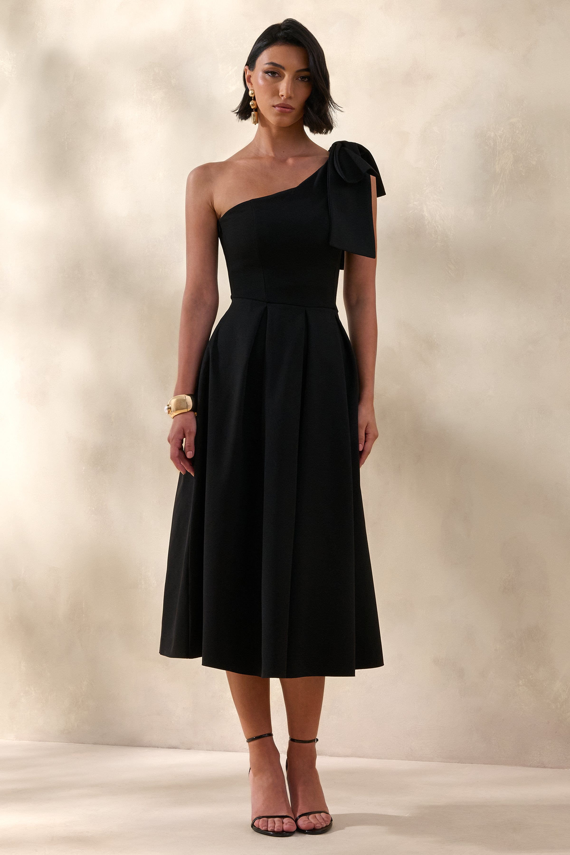 one shoulder formal dress midi Meria | Black A-Line With Bow Sleeve Detailing Light pink bridesmaid dress
