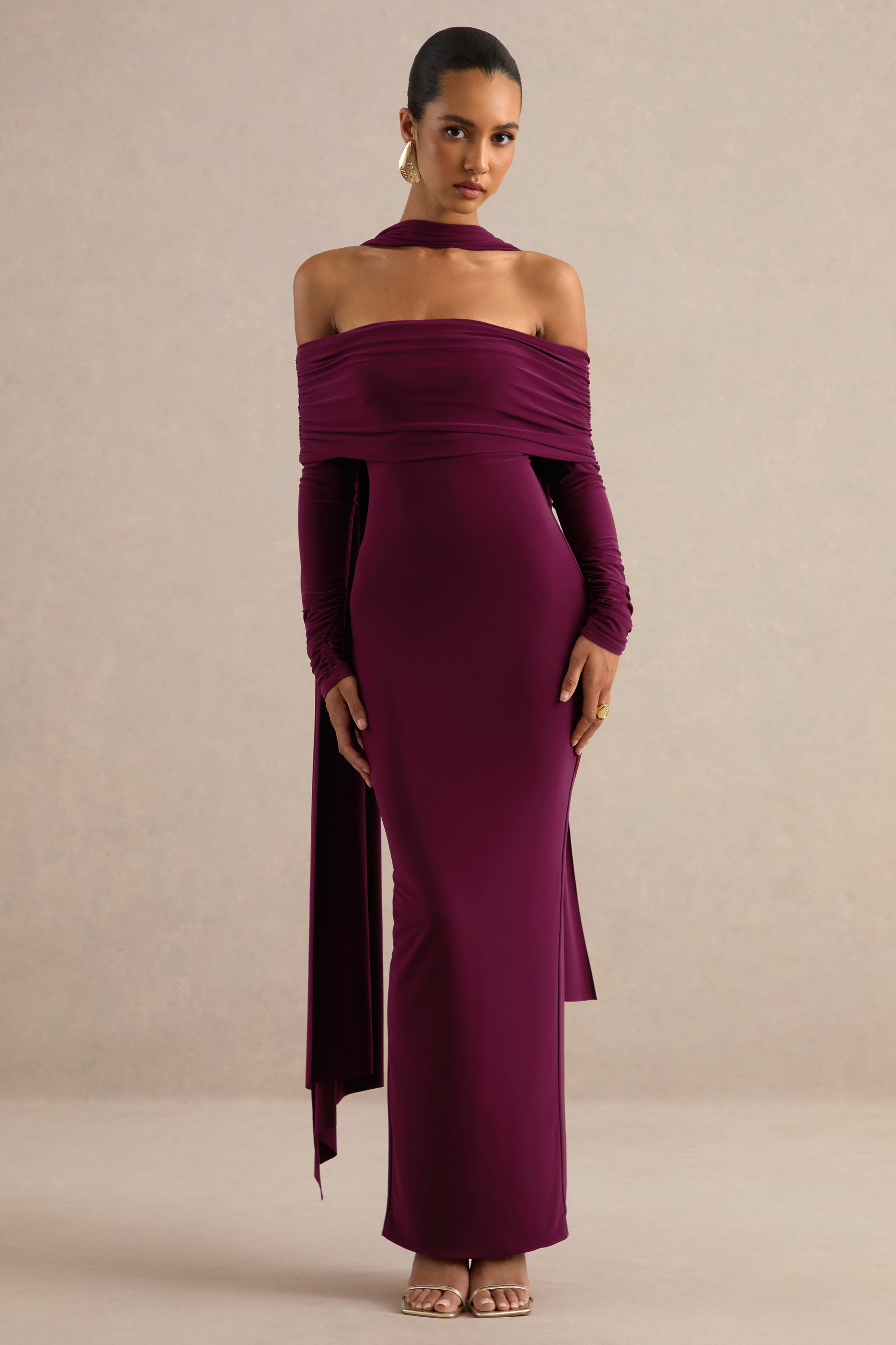 burgundy dress with neck scarf Julissa | Bardot-Neck Maxi Detail – Club L London Size:46 (12) Elegant Bride Boutique (@elegantbrideboutique) feminine edge whilst the sparkly dress long sleeve