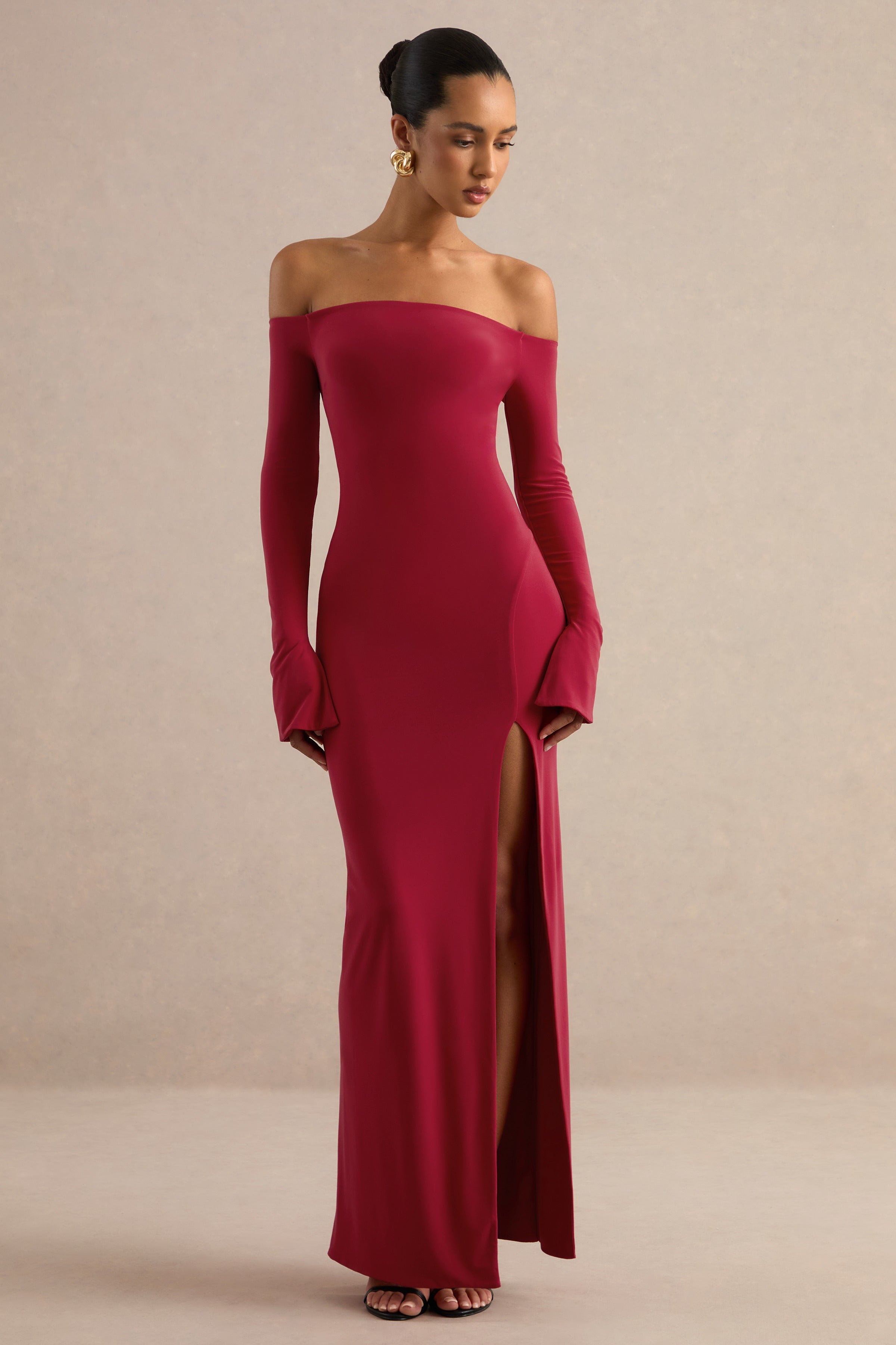Liviae | Red Bardot-Neck Maxi Dress With Bell Sleeves – Club L London